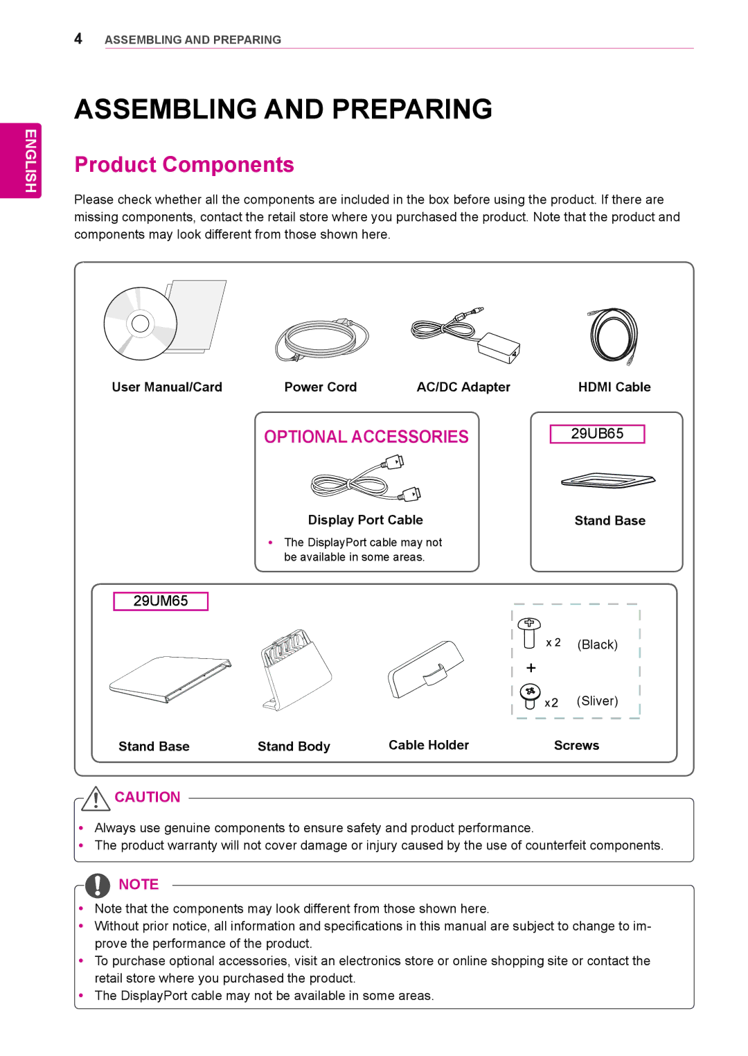 LG Electronics 29UB65, 29UM65 owner manual Assembling and Preparing, Product Components 