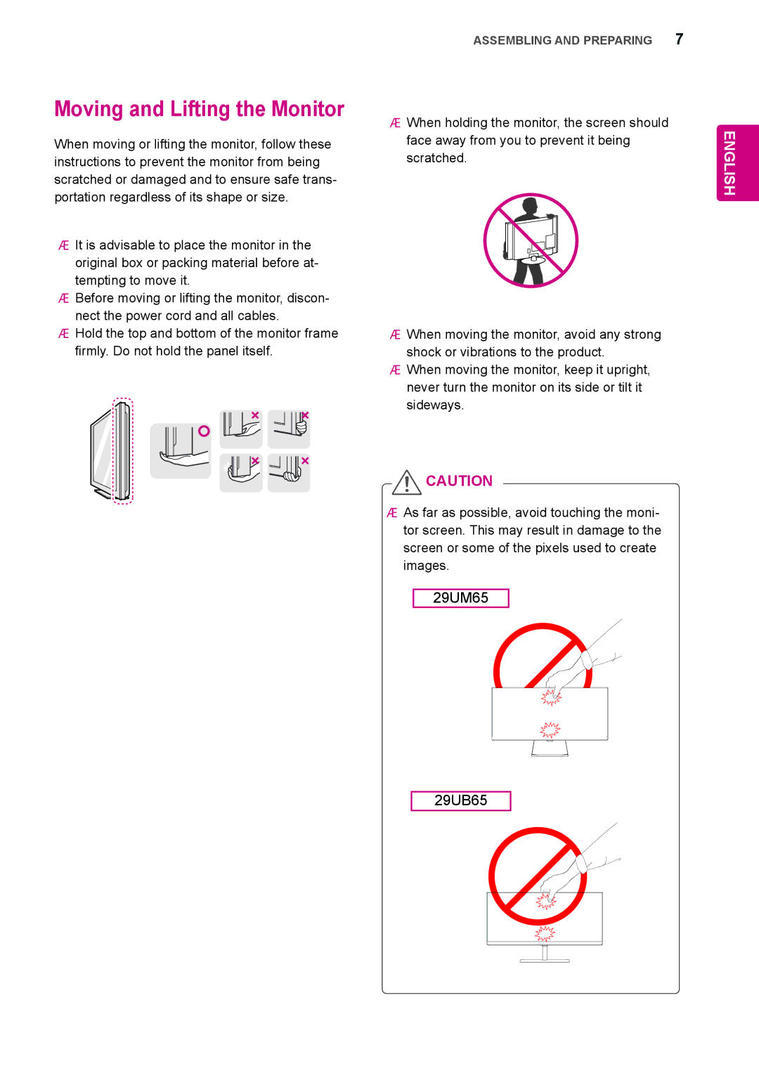 LG Electronics 29UM65, 29UB65 owner manual Moving and Lifting the Monitor 