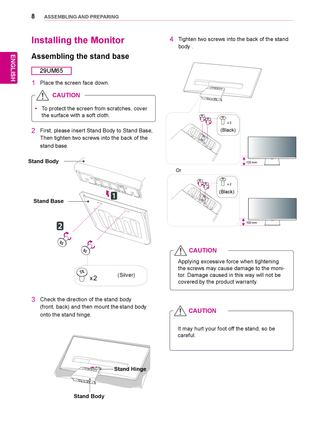 LG Electronics 29UB65, 29UM65 owner manual Installing the Monitor, Assembling the stand base 