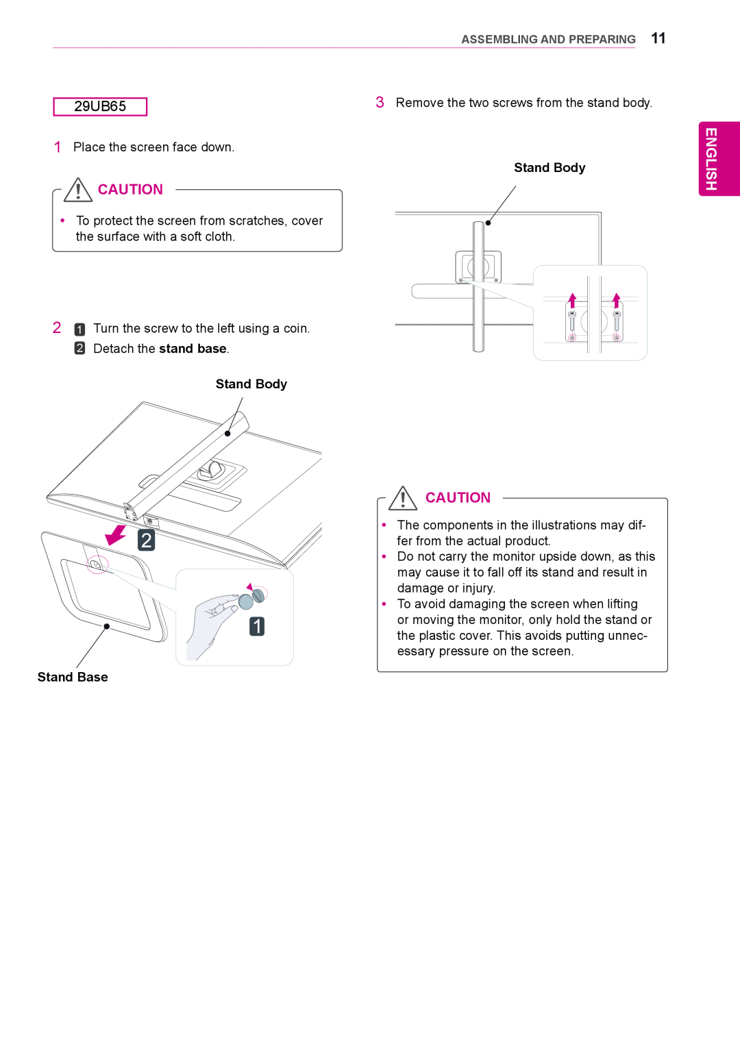 LG Electronics 29UM65, 29UB65 owner manual English, Remove the two screws from the stand body 
