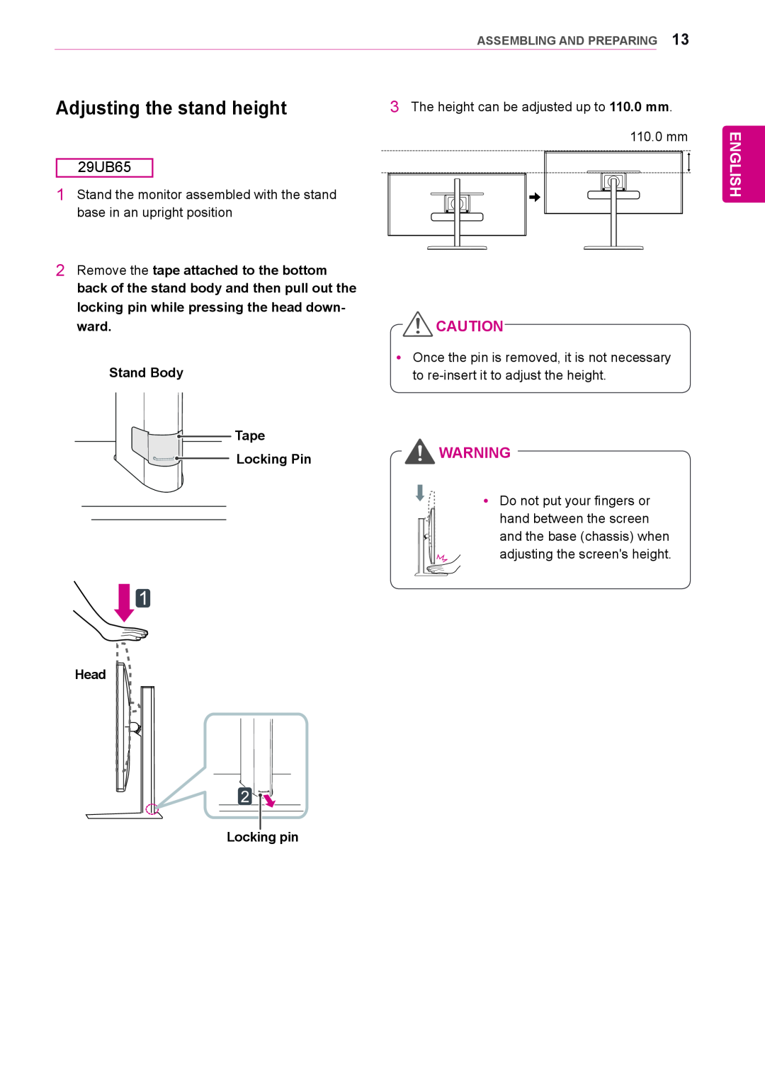 LG Electronics 29UM65, 29UB65 owner manual Adjusting the stand height, Stand Body Tape Locking Pin, Head Locking pin 
