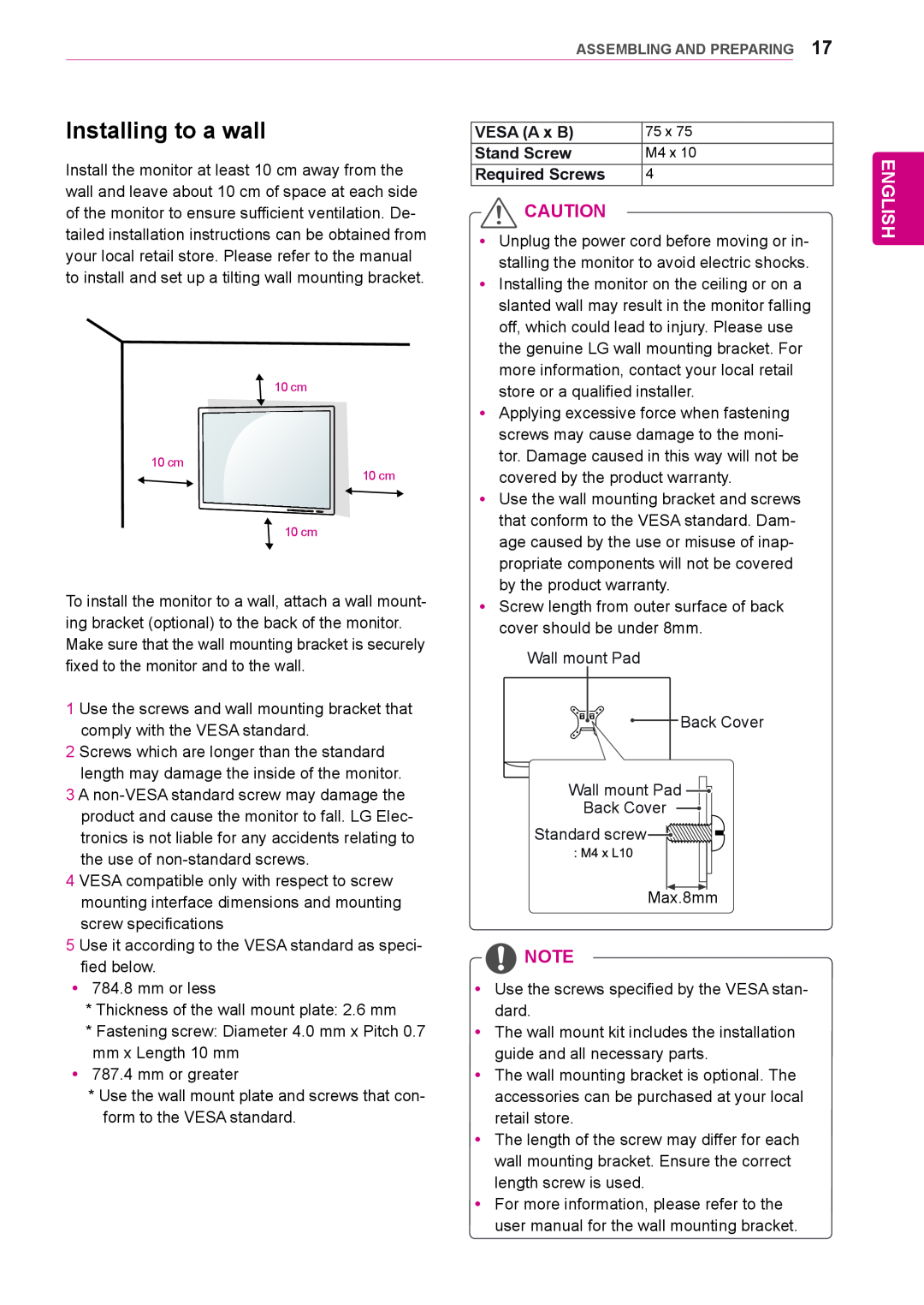 LG Electronics 29UM65, 29UB65 owner manual Installing to a wall, English, VESA A x B, Stand Screw, Required Screws 