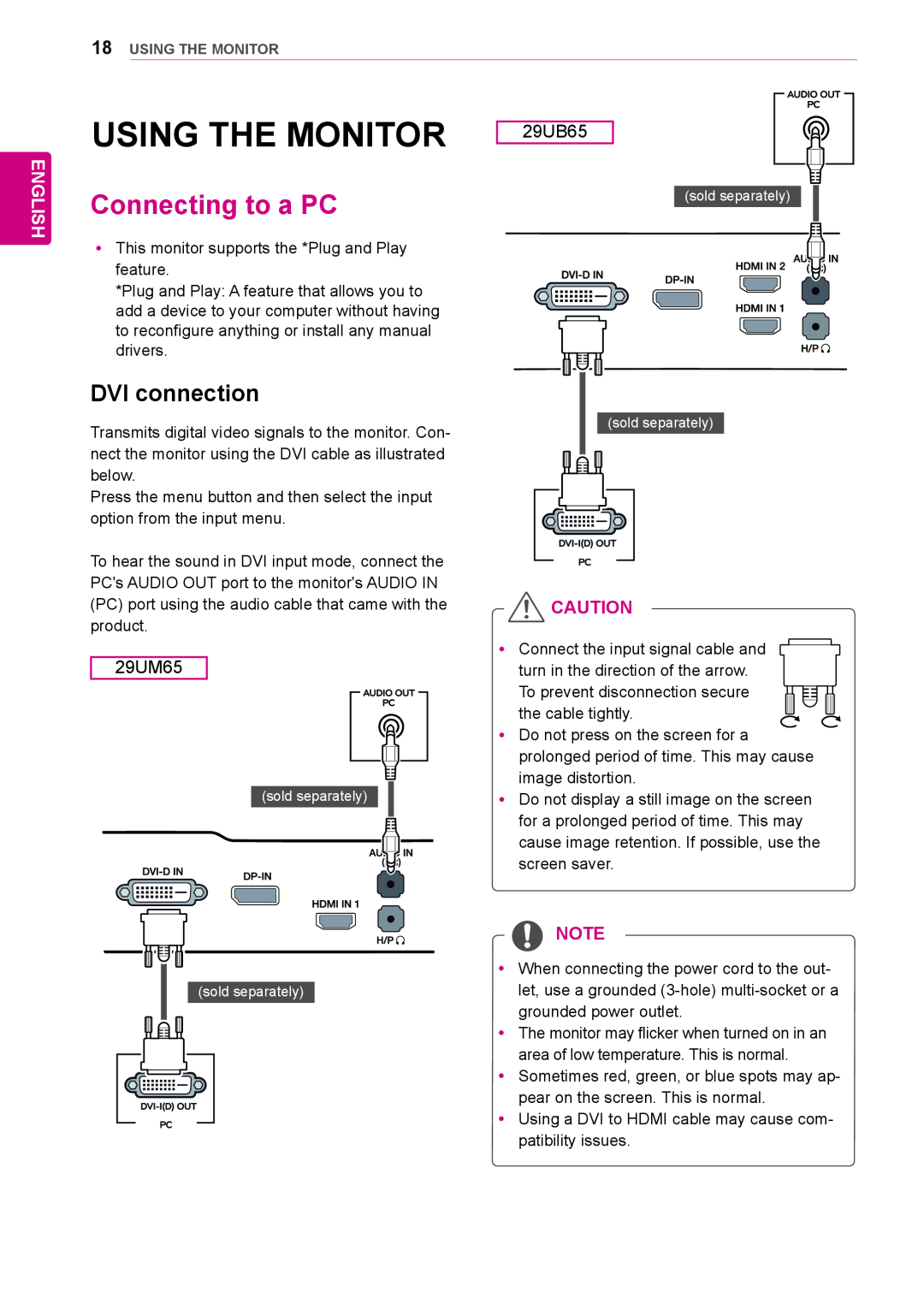 LG Electronics 29UB65, 29UM65 owner manual Using The Monitor, Connecting to a PC, DVI connection, English 