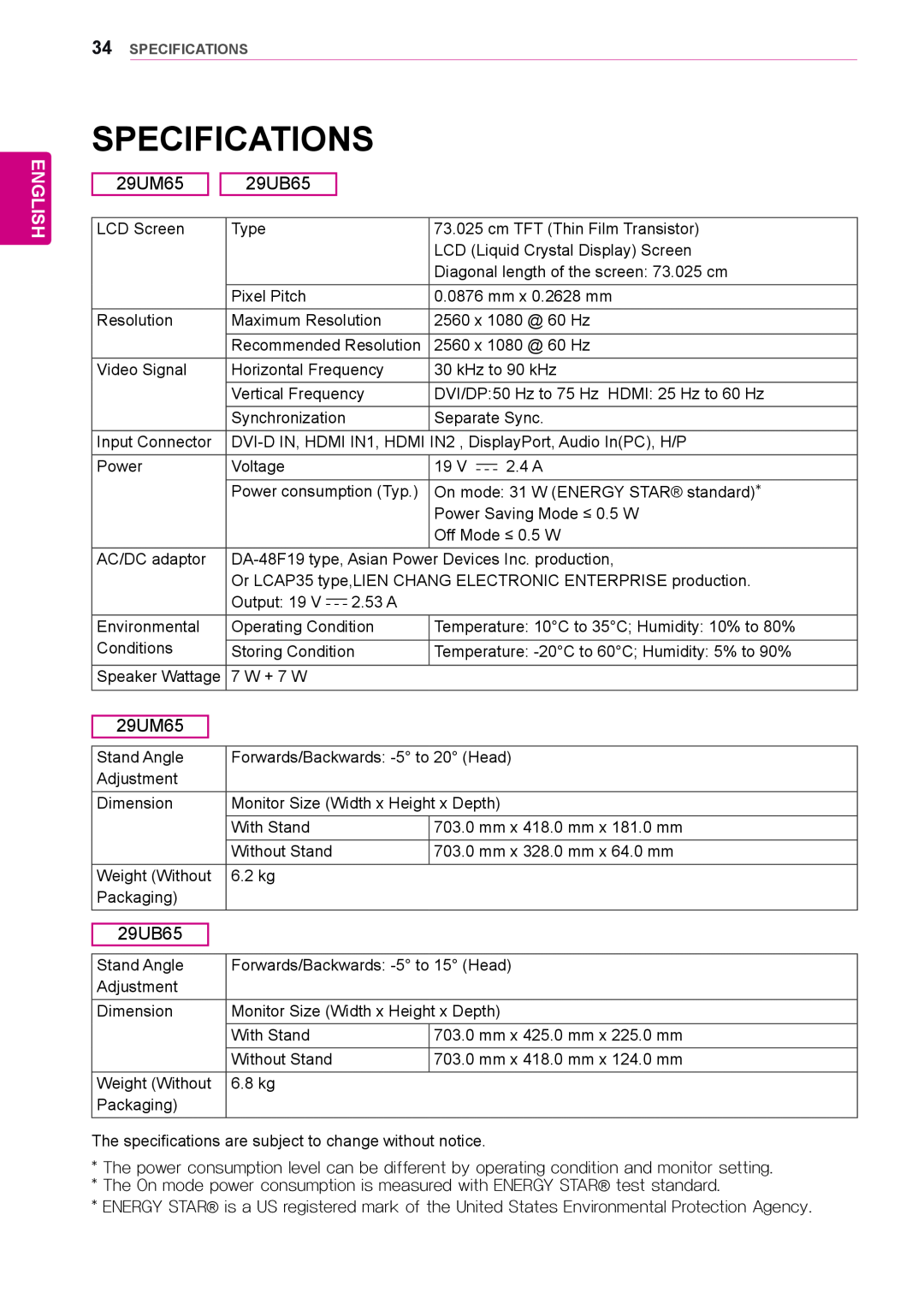 LG Electronics 29UB65, 29UM65 owner manual Specifications, English 