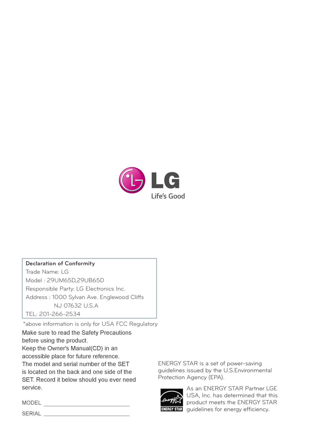 LG Electronics 29UM65, 29UB65 owner manual Declaration of Conformity 