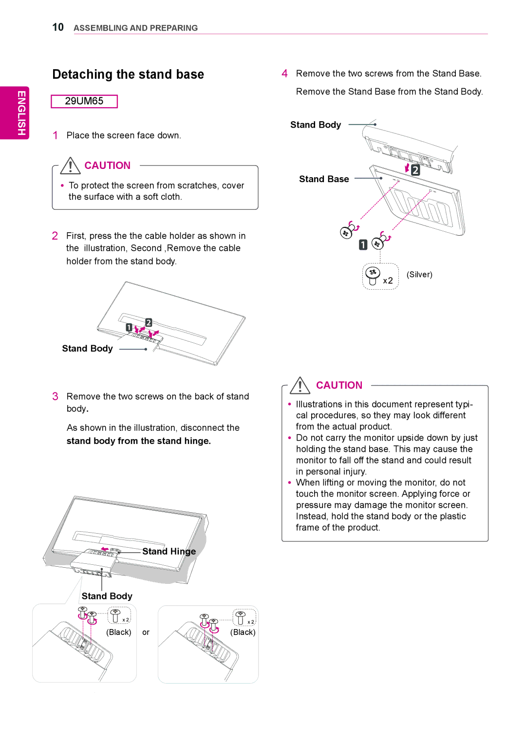 LG Electronics 29UM65-P owner manual Detaching the stand base 