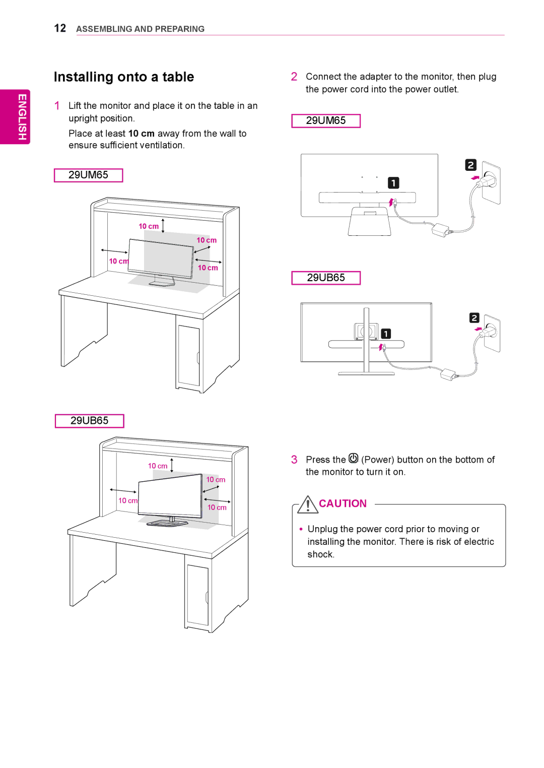 LG Electronics 29UM65-P owner manual Installing onto a table 