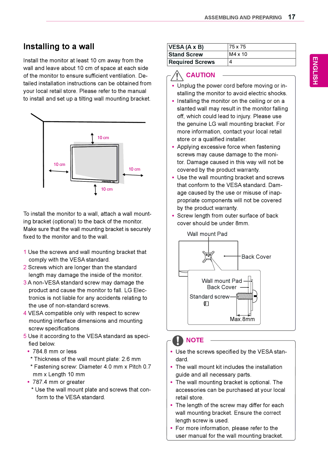 LG Electronics 29UM65-P owner manual Installing to a wall, Required Screws 