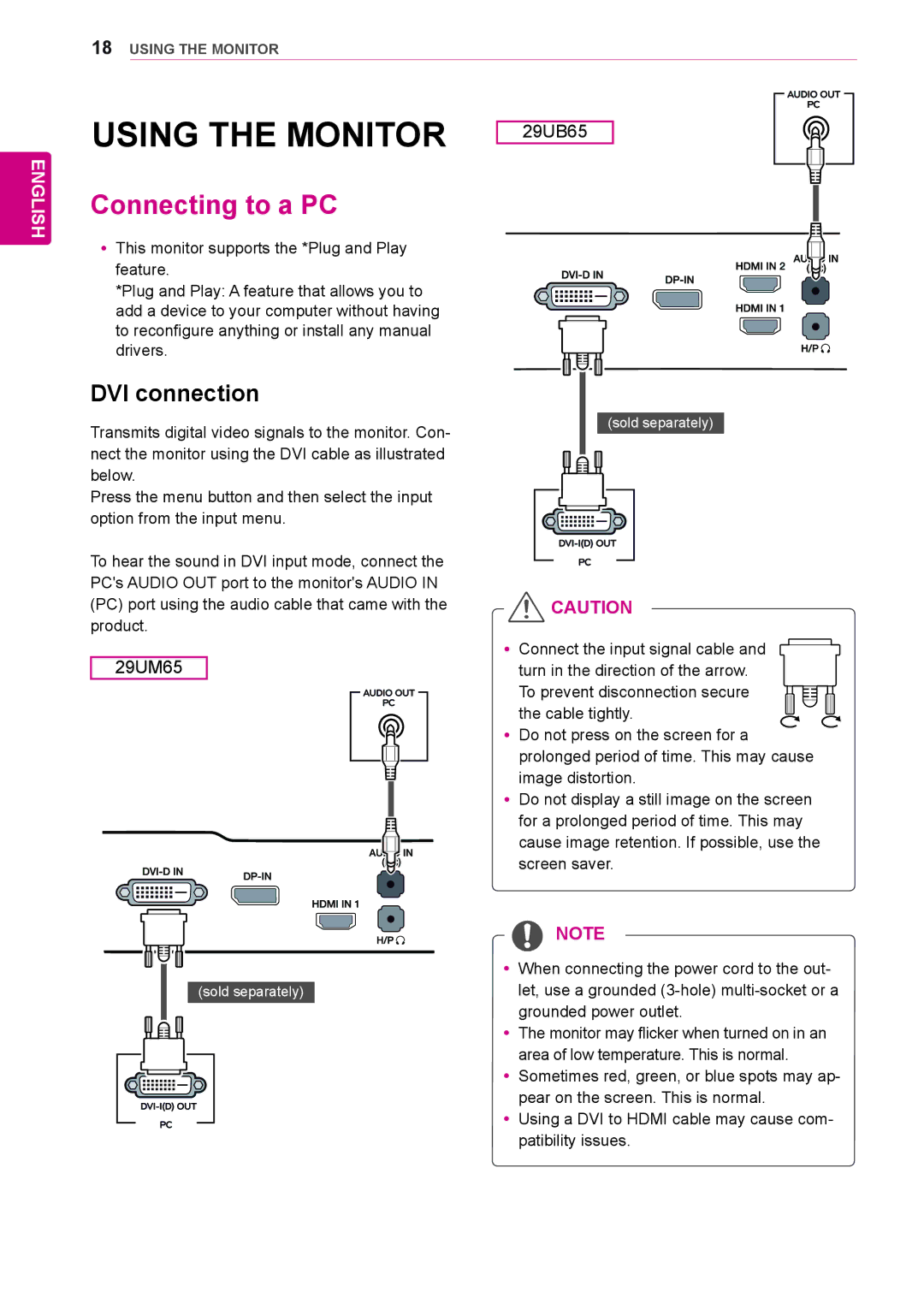 LG Electronics 29UM65-P owner manual Using the Monitor, Connecting to a PC, DVI connection 