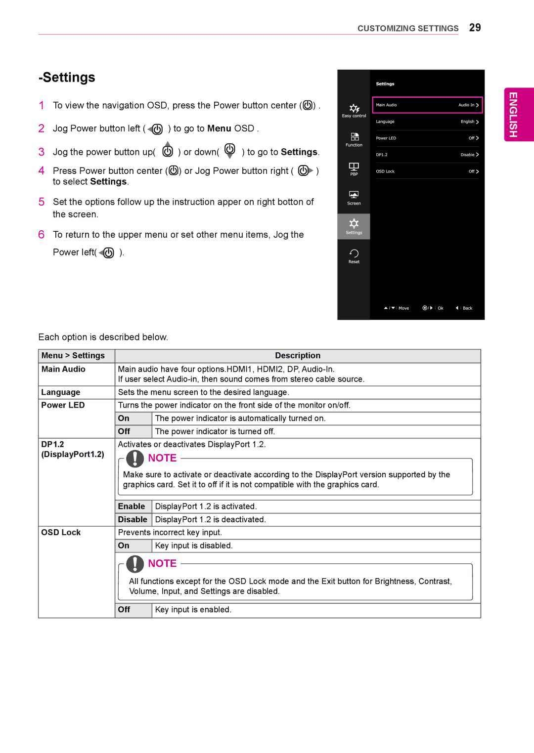 LG Electronics 29UM65-P owner manual Settings 