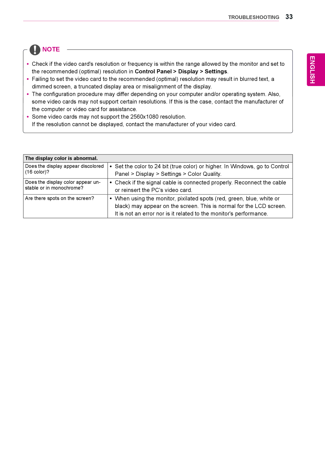 LG Electronics 29UM65-P owner manual Panel Display Settings Color Quality, Display color is abnormal 