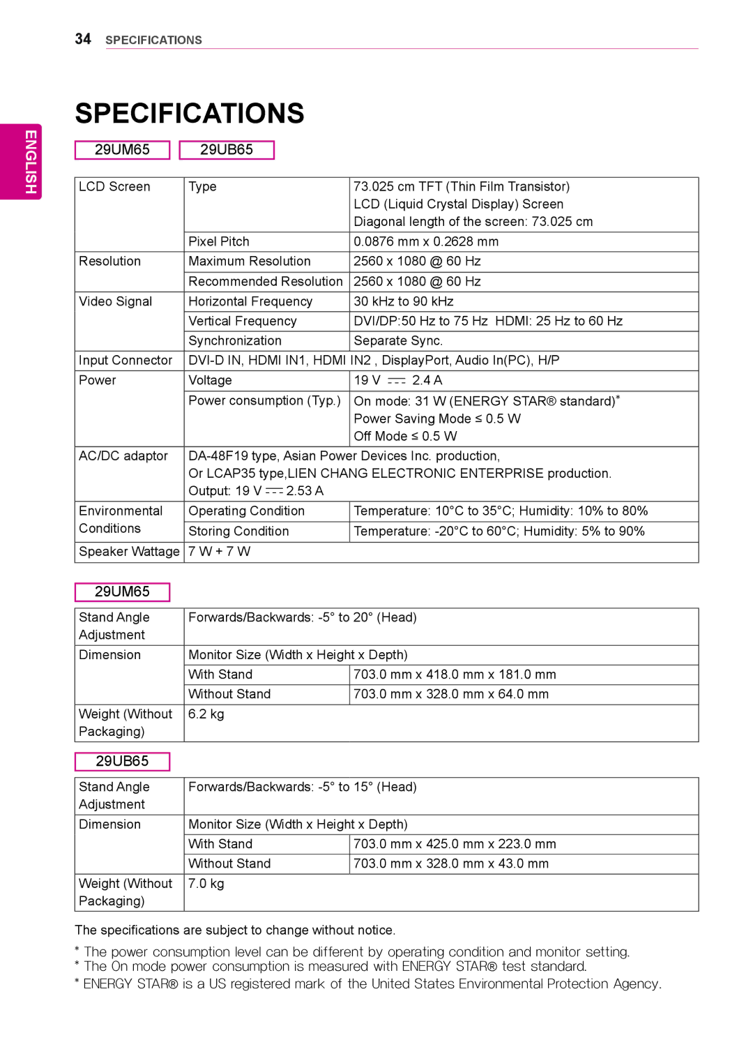 LG Electronics 29UM65-P owner manual Specifications 