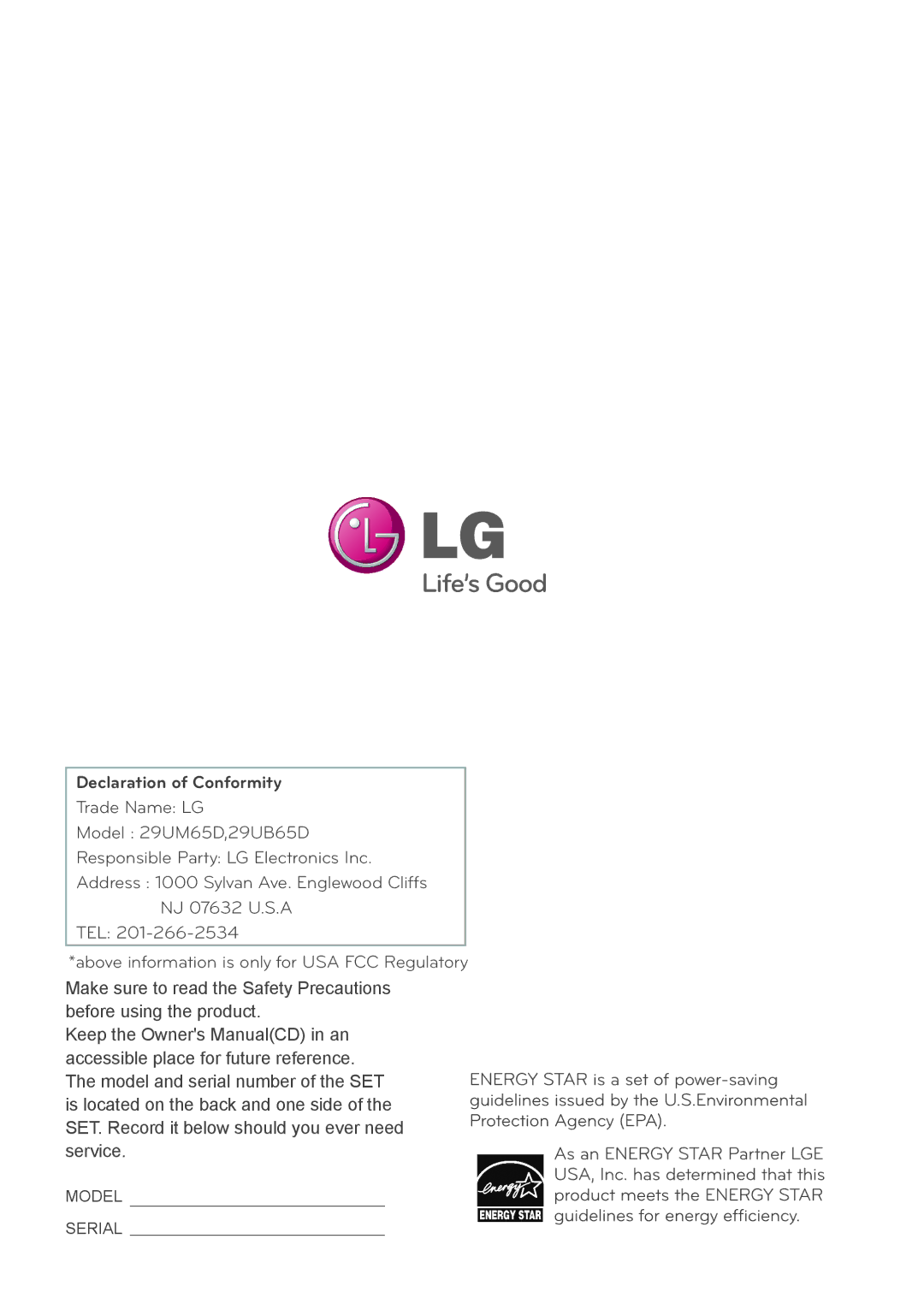 LG Electronics 29UM65-P owner manual Declaration of Conformity 