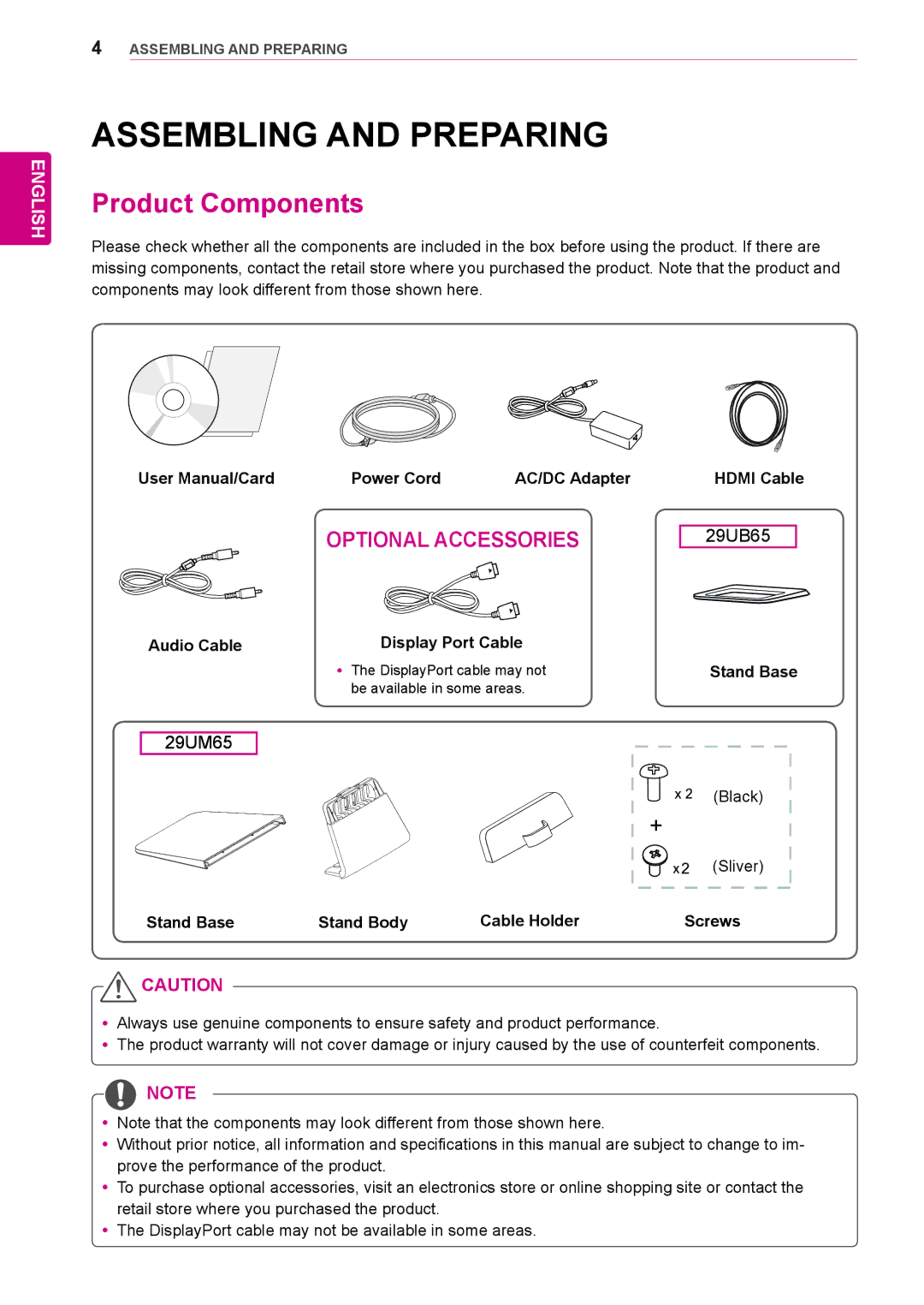 LG Electronics 29UM65-P owner manual Assembling and Preparing, Product Components 