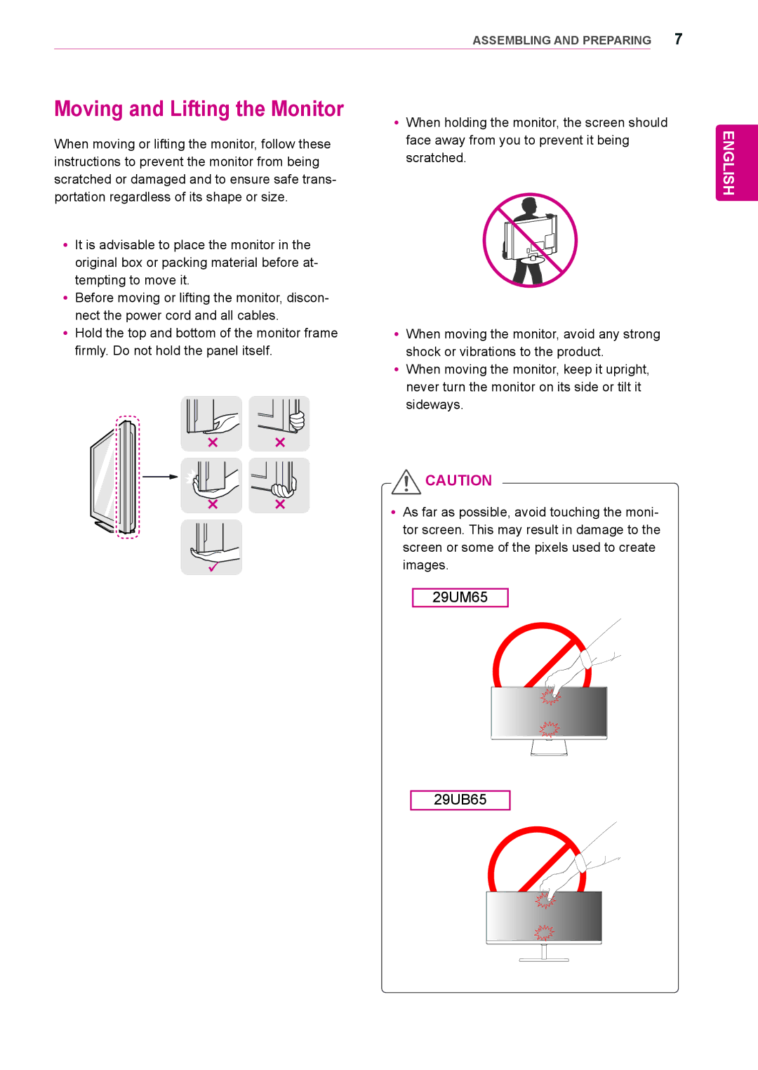 LG Electronics 29UM65-P owner manual Moving and Lifting the Monitor 