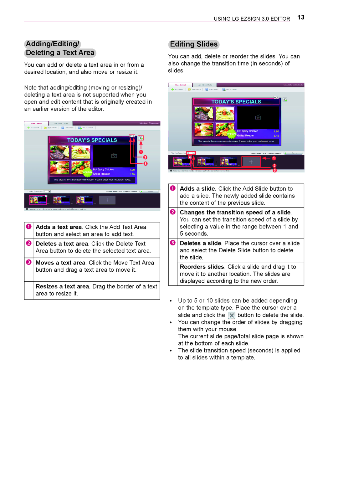 LG Electronics 3 owner manual Adding/Editing Deleting a Text Area, Editing Slides 