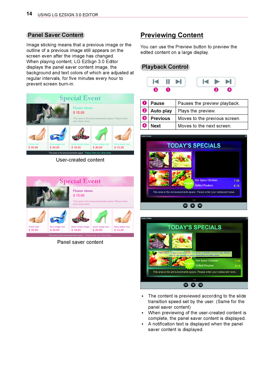 LG Electronics 3 owner manual Previewing Content, Panel Saver Content, Playback Control 