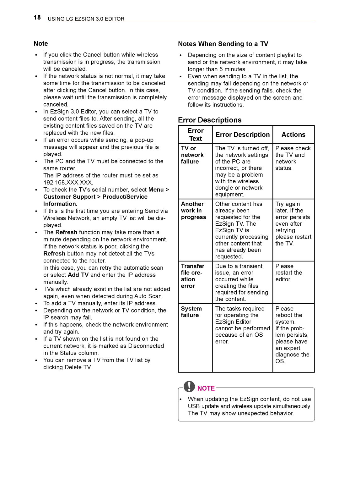 LG Electronics 3 owner manual Error Descriptions 