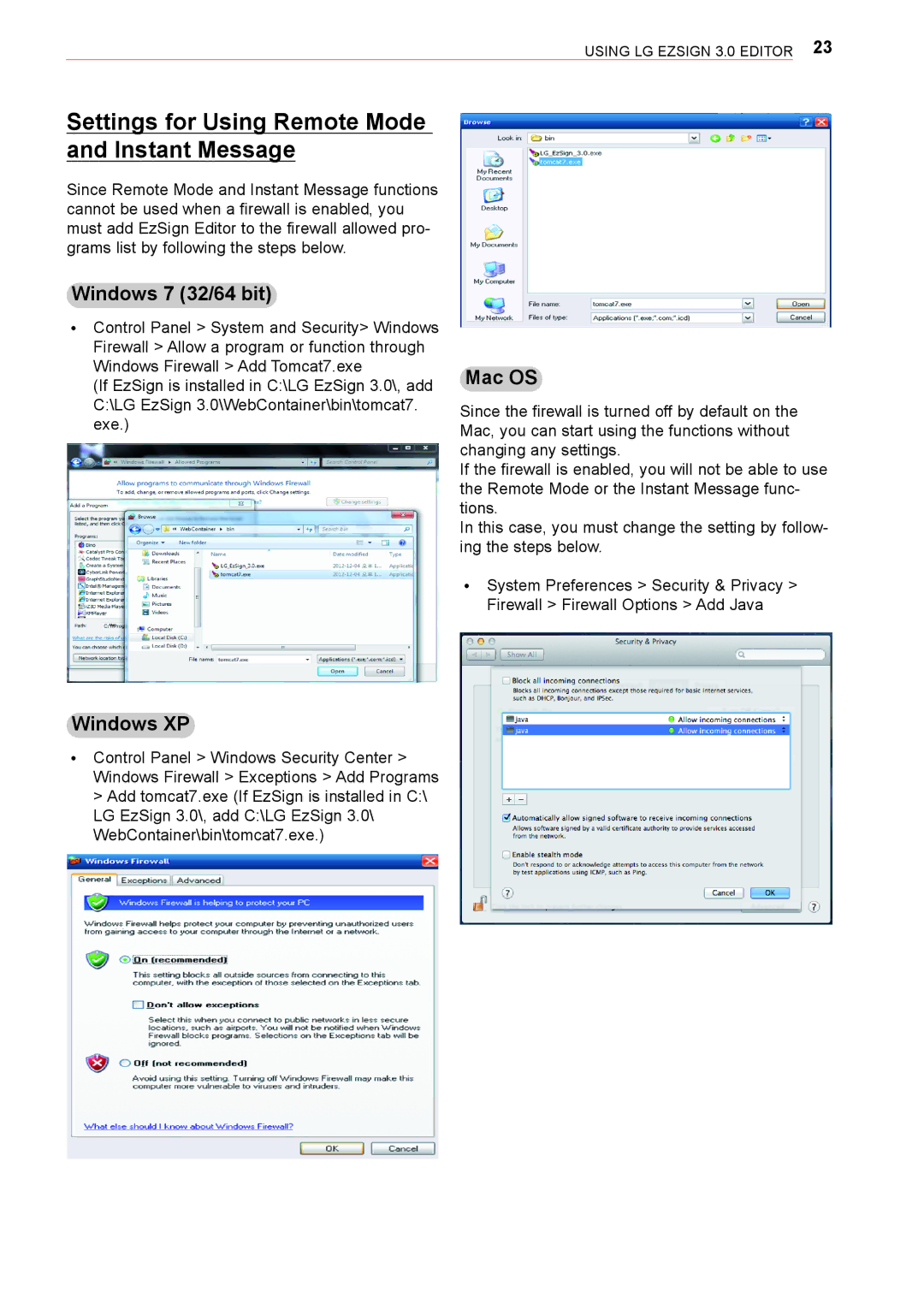 LG Electronics owner manual Settings for Using Remote Mode and Instant Message, Windows 7 32/64 bit, Windows XP 