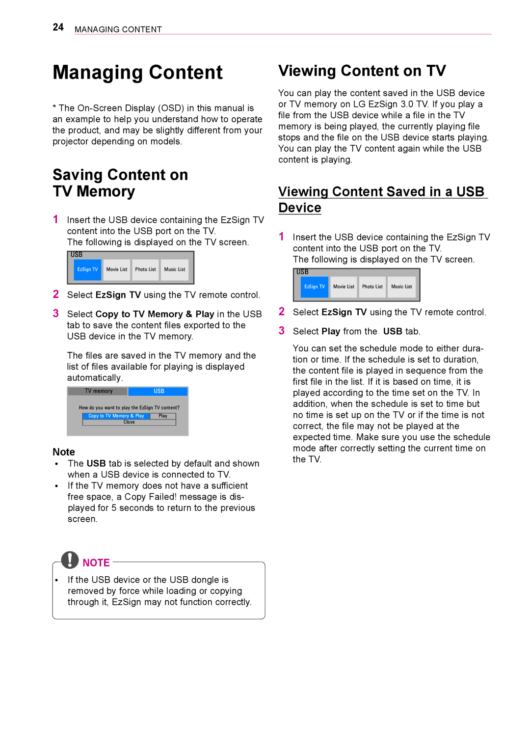 LG Electronics 3 owner manual Saving Content on TV Memory, Viewing Content on TV, Viewing Content Saved in a USB Device 