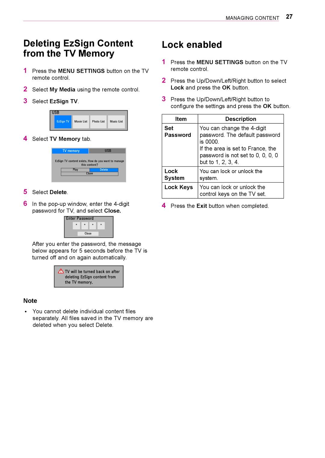 LG Electronics 3 owner manual Deleting EzSign Content from the TV Memory, Lock enabled 