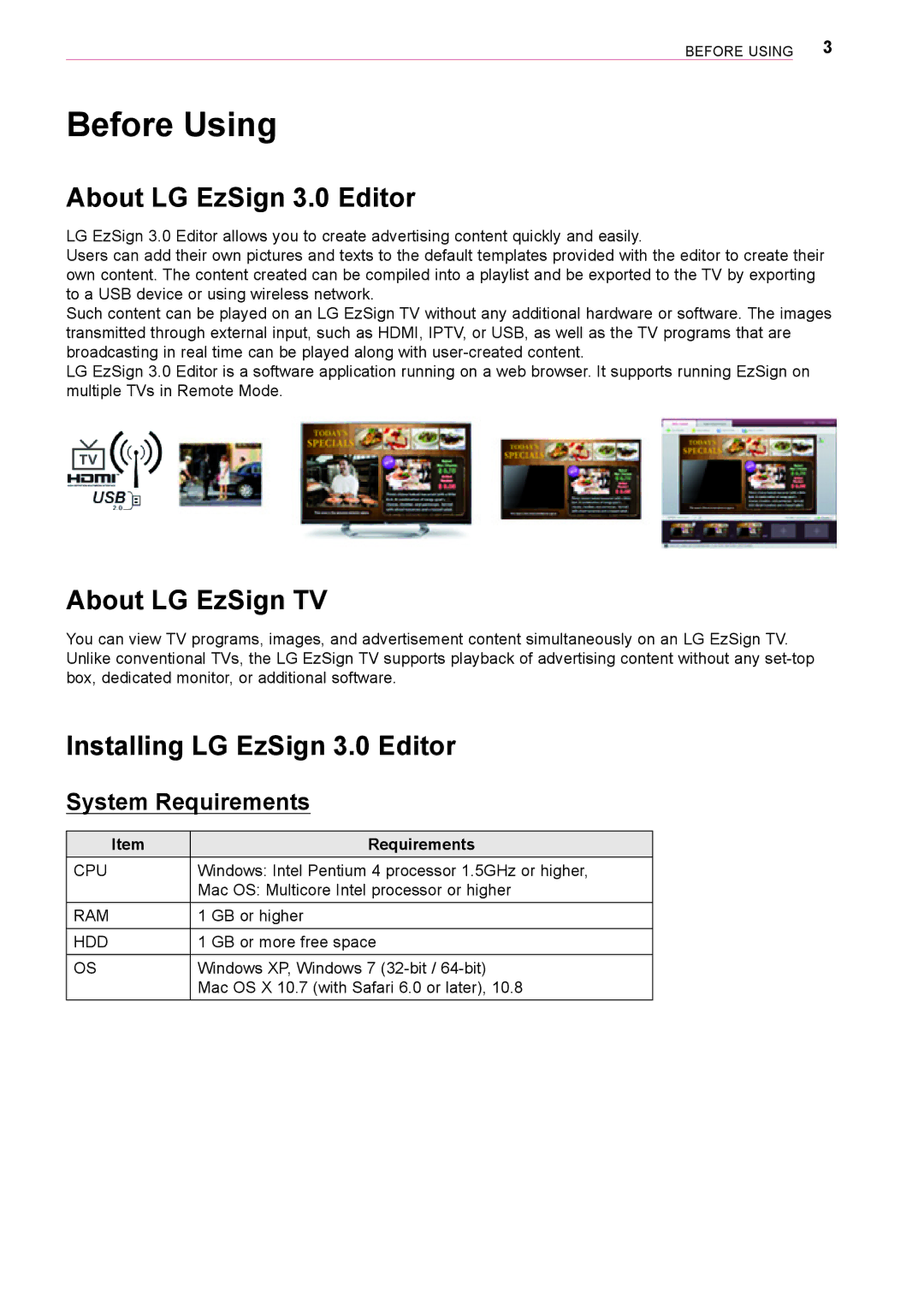 LG Electronics About LG EzSign 3.0 Editor, About LG EzSign TV, Installing LG EzSign 3.0 Editor, System Requirements 