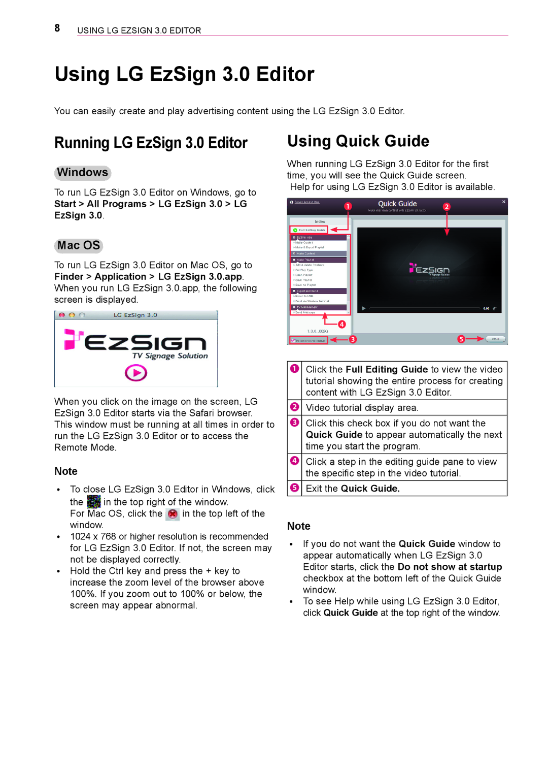 LG Electronics owner manual Running LG EzSign 3.0 Editor, Using Quick Guide, Start All Programs LG EzSign 3.0 LG EzSign 