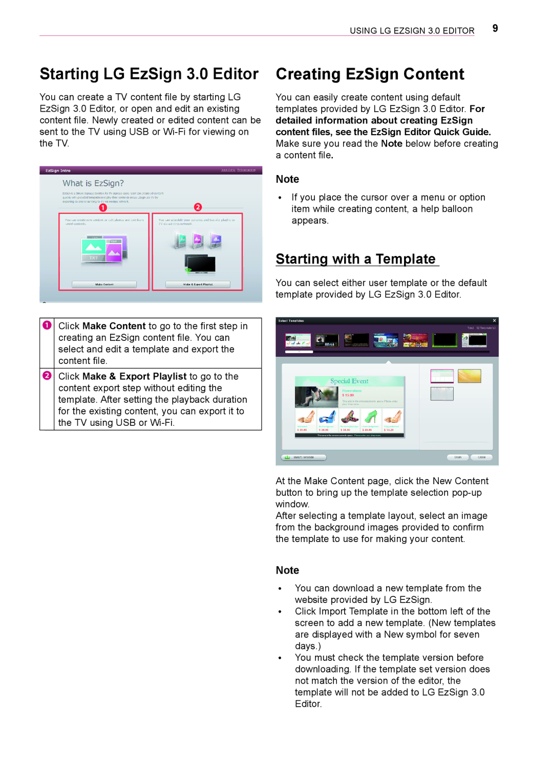 LG Electronics owner manual Starting LG EzSign 3.0 Editor, Creating EzSign Content, Starting with a Template 