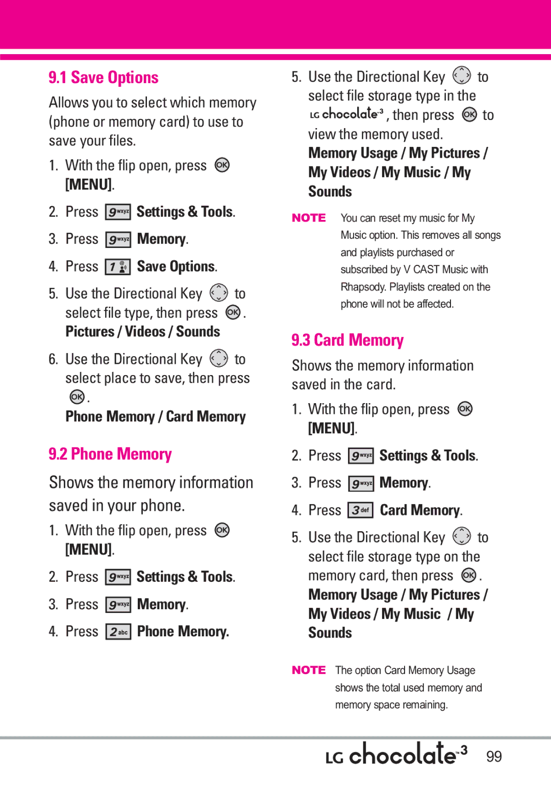 LG Electronics 3 manual Save Options, Phone Memory, Card Memory 