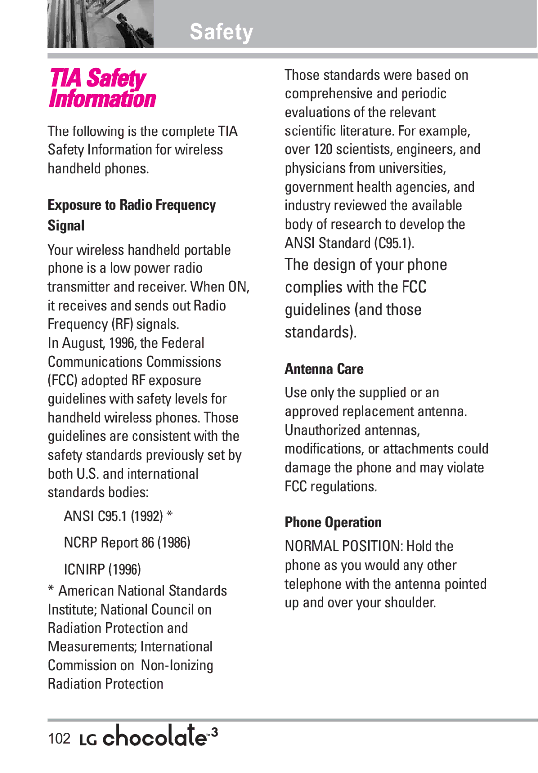 LG Electronics 3 manual Safety, Exposure to Radio Frequency Signal, Antenna Care, Phone Operation 