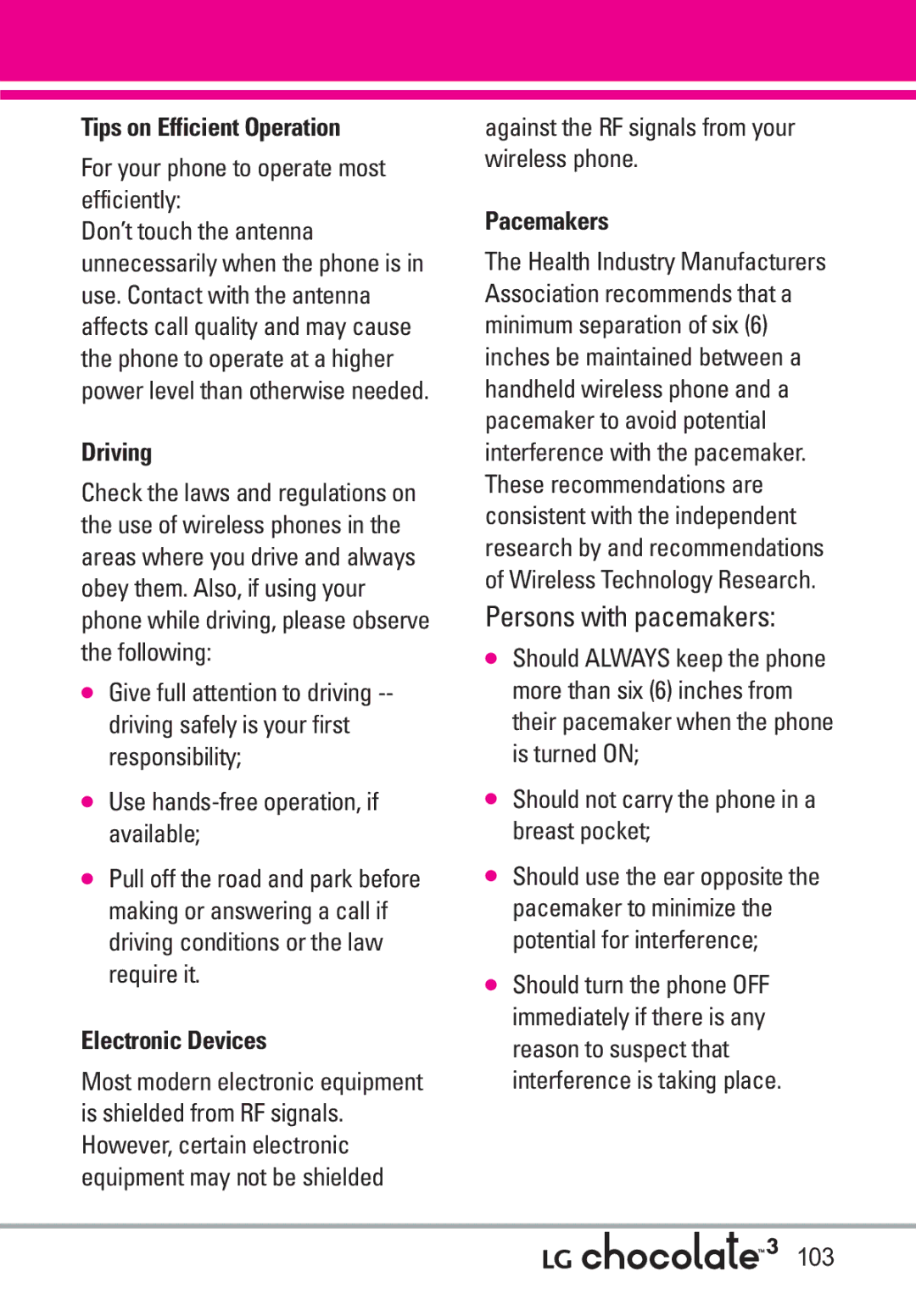 LG Electronics 3 manual Tips on Efficient Operation, Driving, Electronic Devices, Pacemakers 