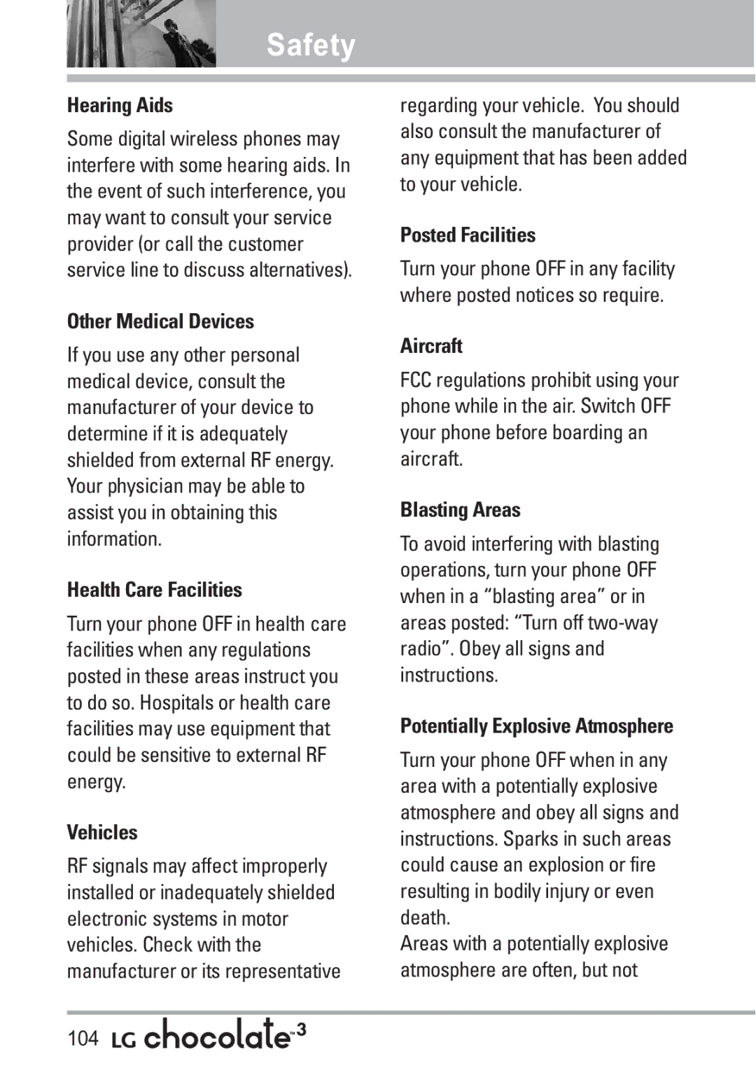 LG Electronics 3 manual Hearing Aids, Other Medical Devices, Health Care Facilities, Vehicles, Posted Facilities, Aircraft 