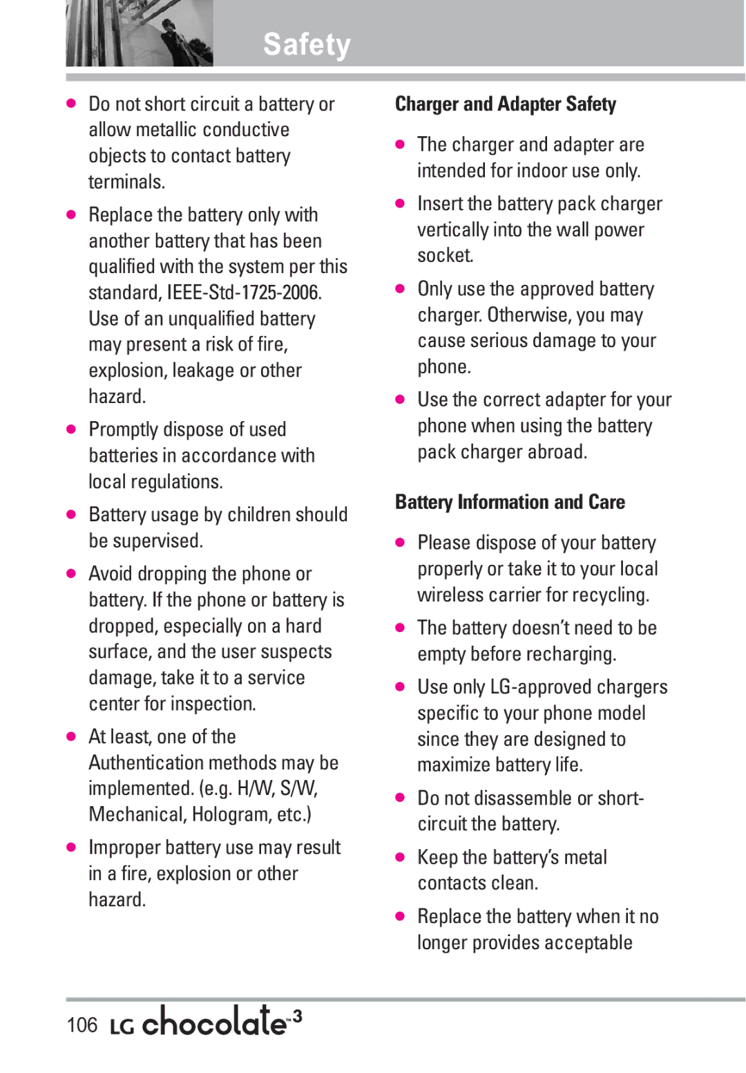 LG Electronics 3 Battery usage by children should be supervised, Charger and Adapter Safety, Battery Information and Care 