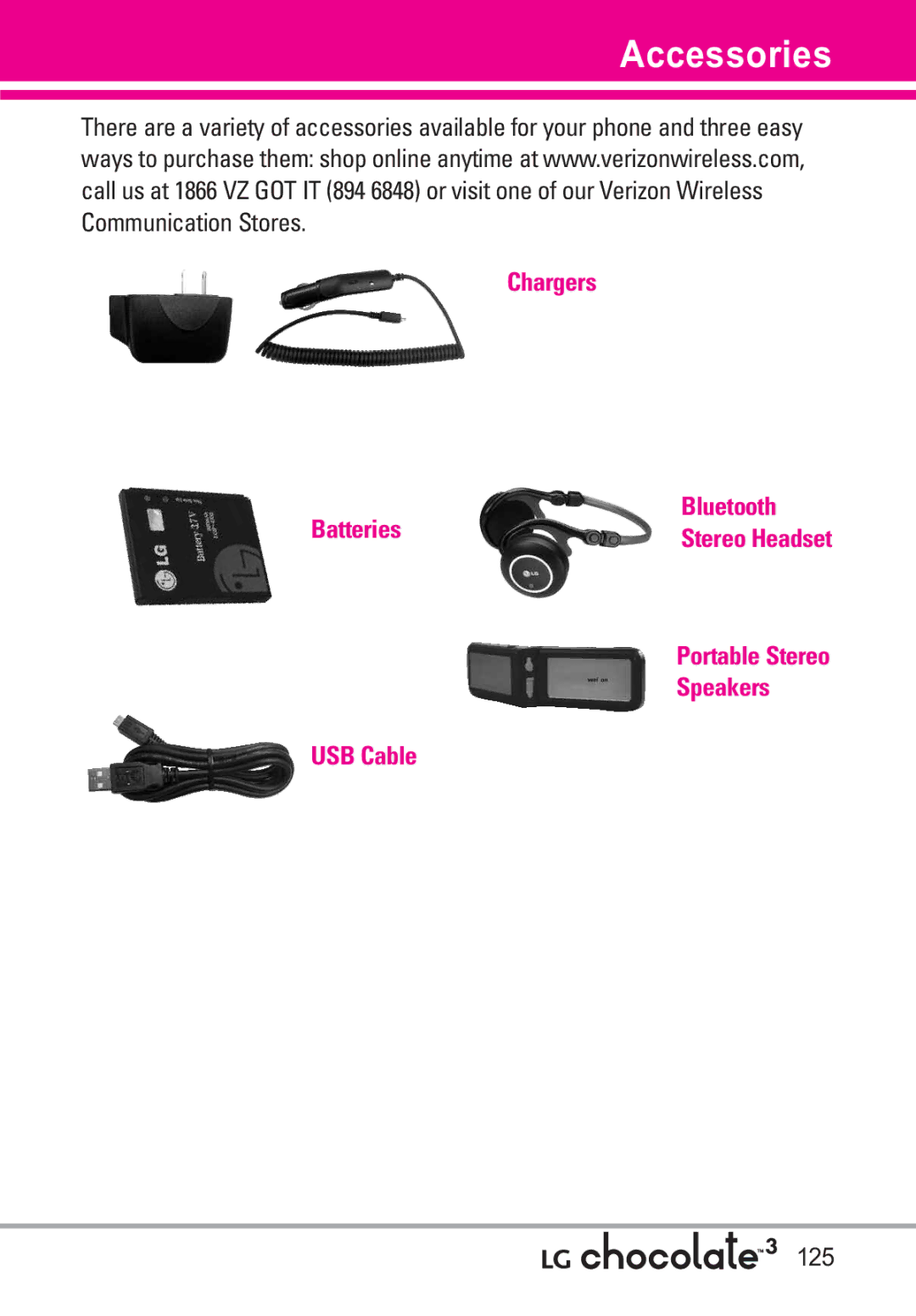 LG Electronics 3 manual Accessories, 125 