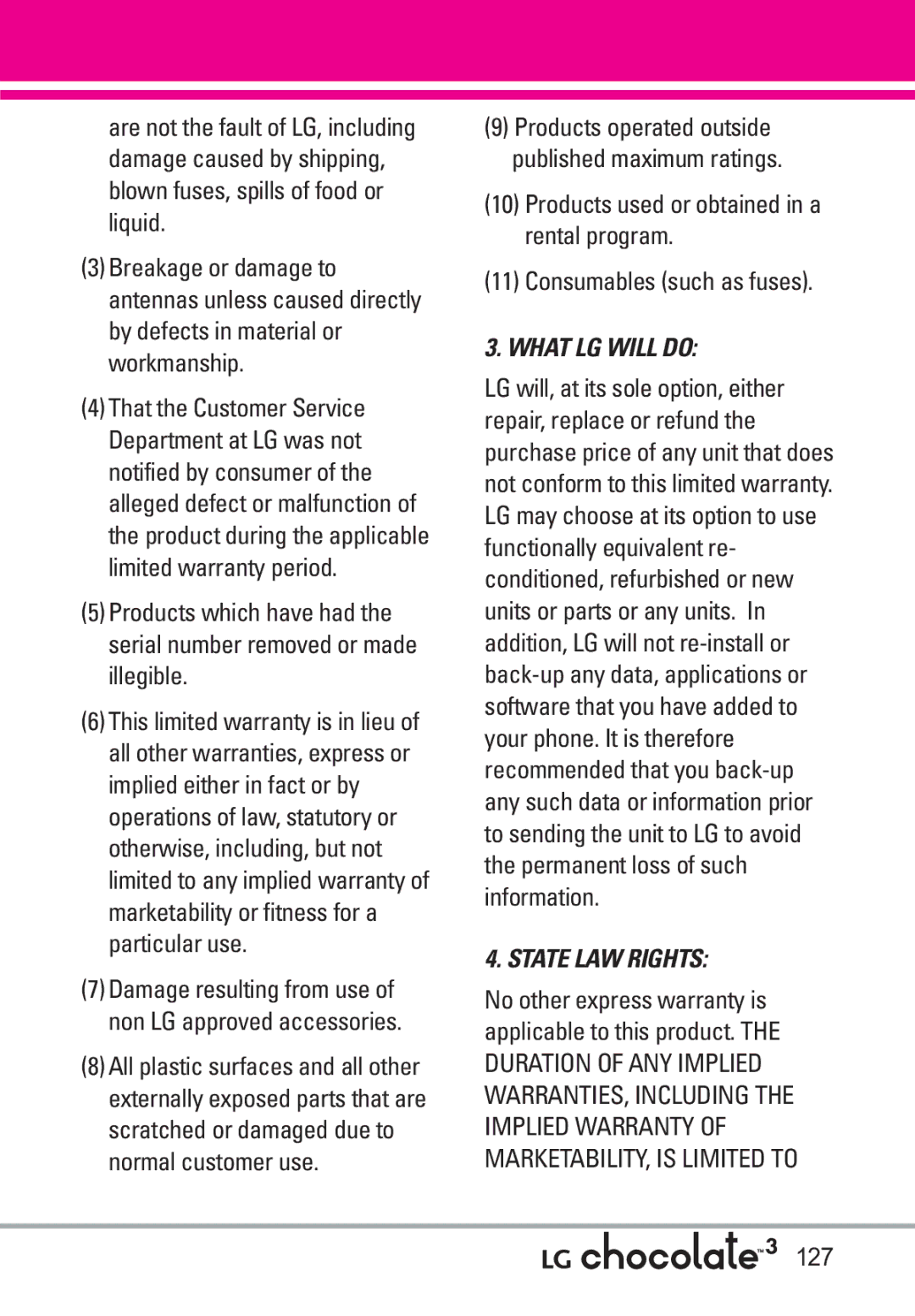 LG Electronics 3 manual What LG will do, 127 