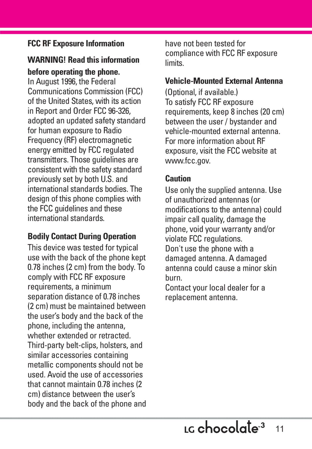 LG Electronics 3 manual FCC RF Exposure Information, Optional, if available, Bodily Contact During Operation 