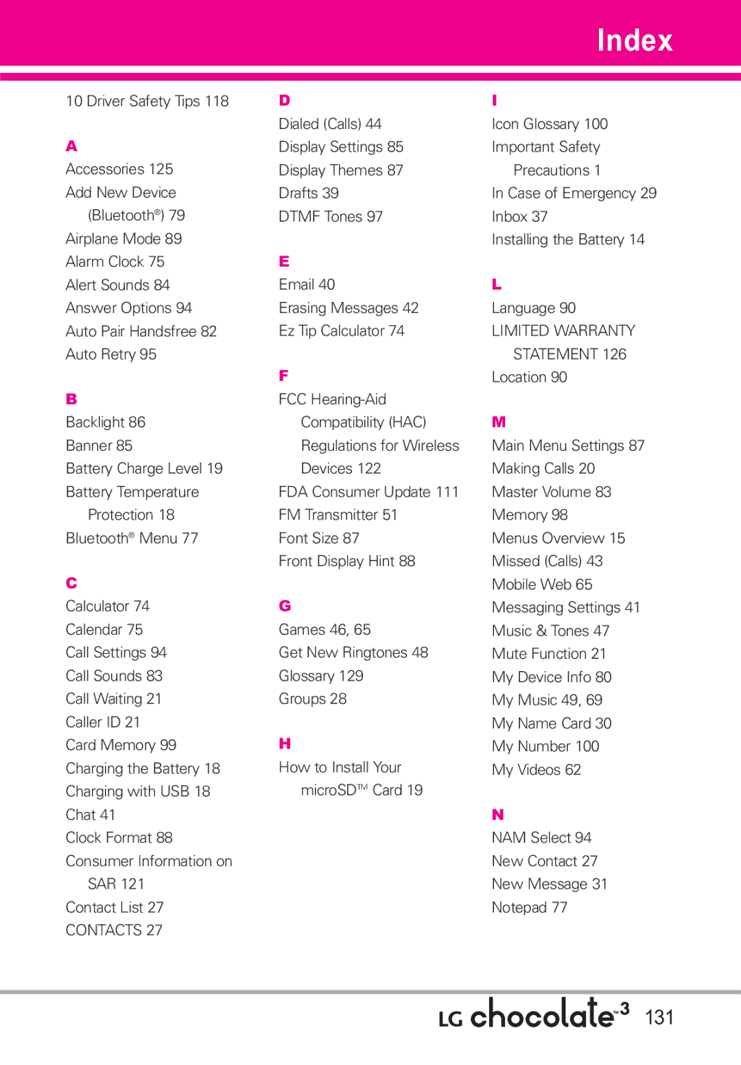 LG Electronics manual Index, 131 