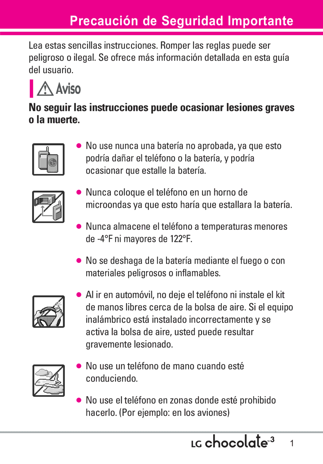 LG Electronics 3 manual Precaución de Seguridad Importante, Microondas ya que esto haría que estallara la batería 