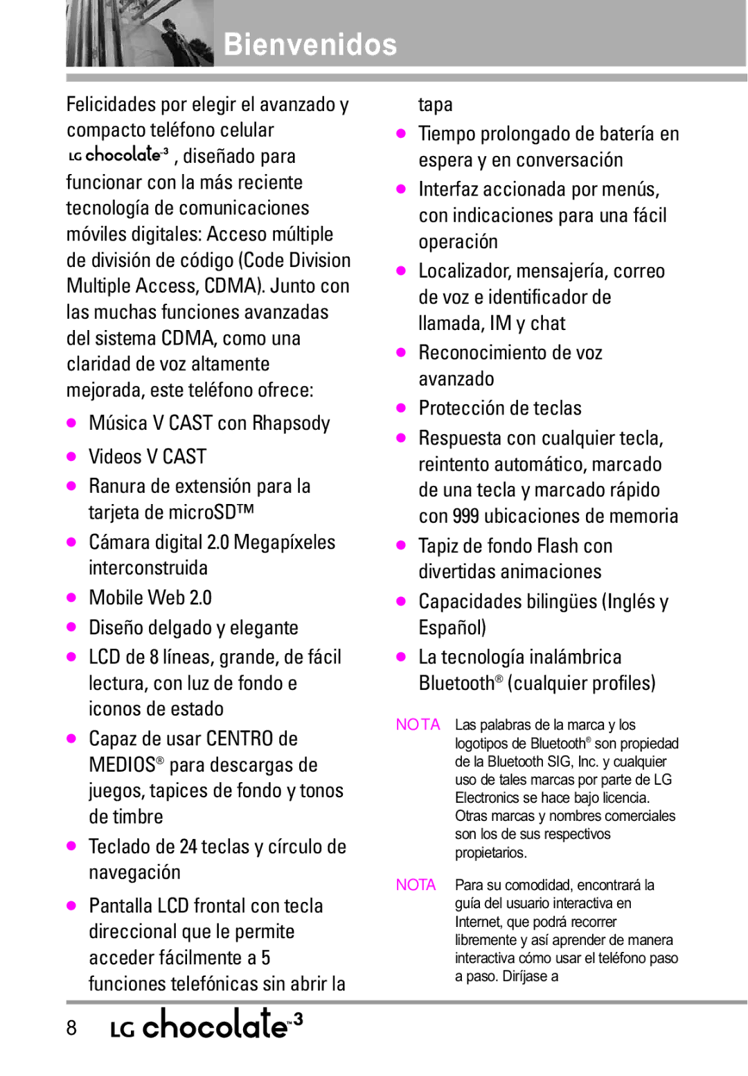 LG Electronics 3 manual Bienvenidos, Música V Cast con Rhapsody Videos V Cast, Tapa, Capacidades bilingües Inglés y Español 