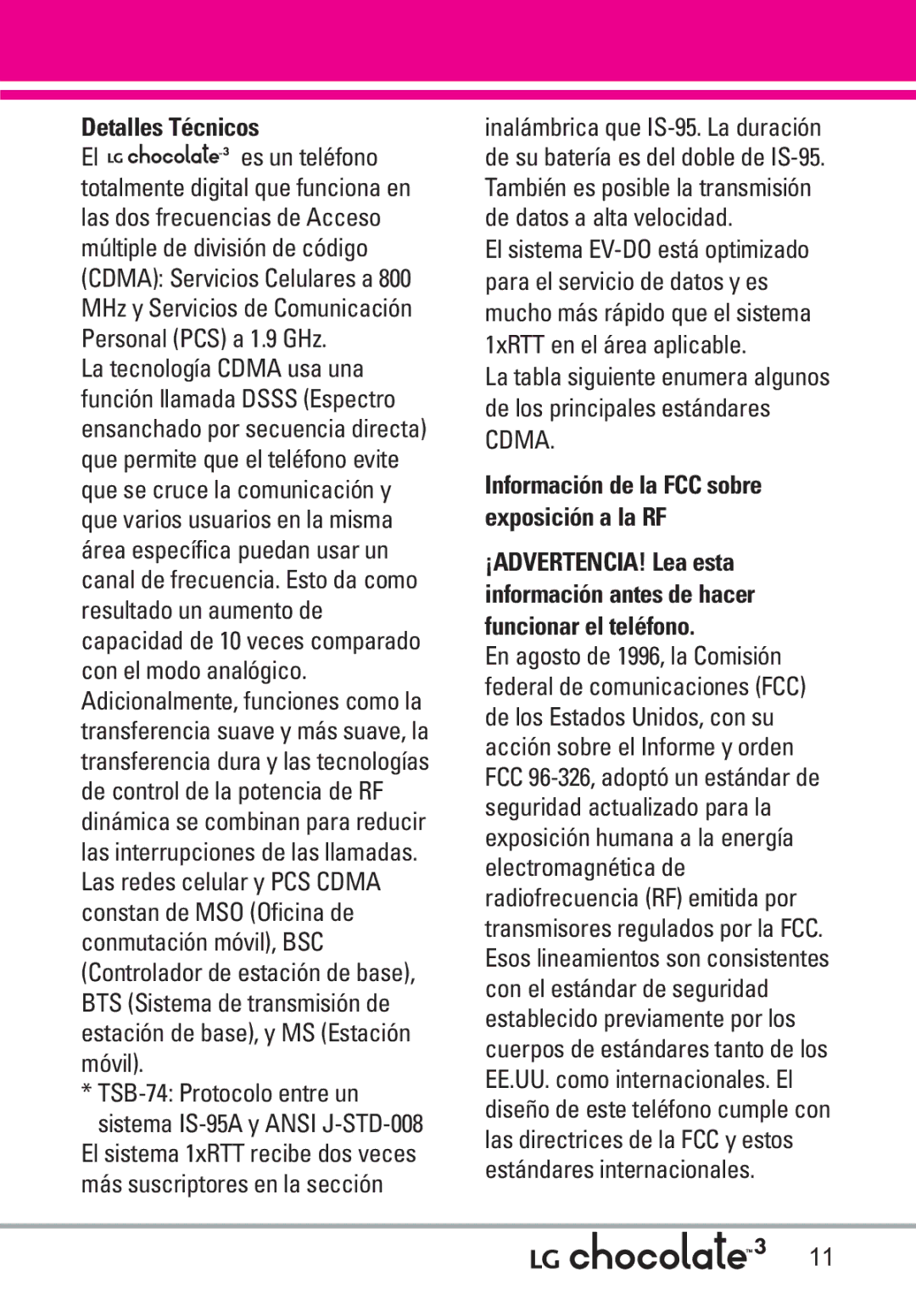 LG Electronics 3 manual Detalles Técnicos, Información de la FCC sobre exposición a la RF 