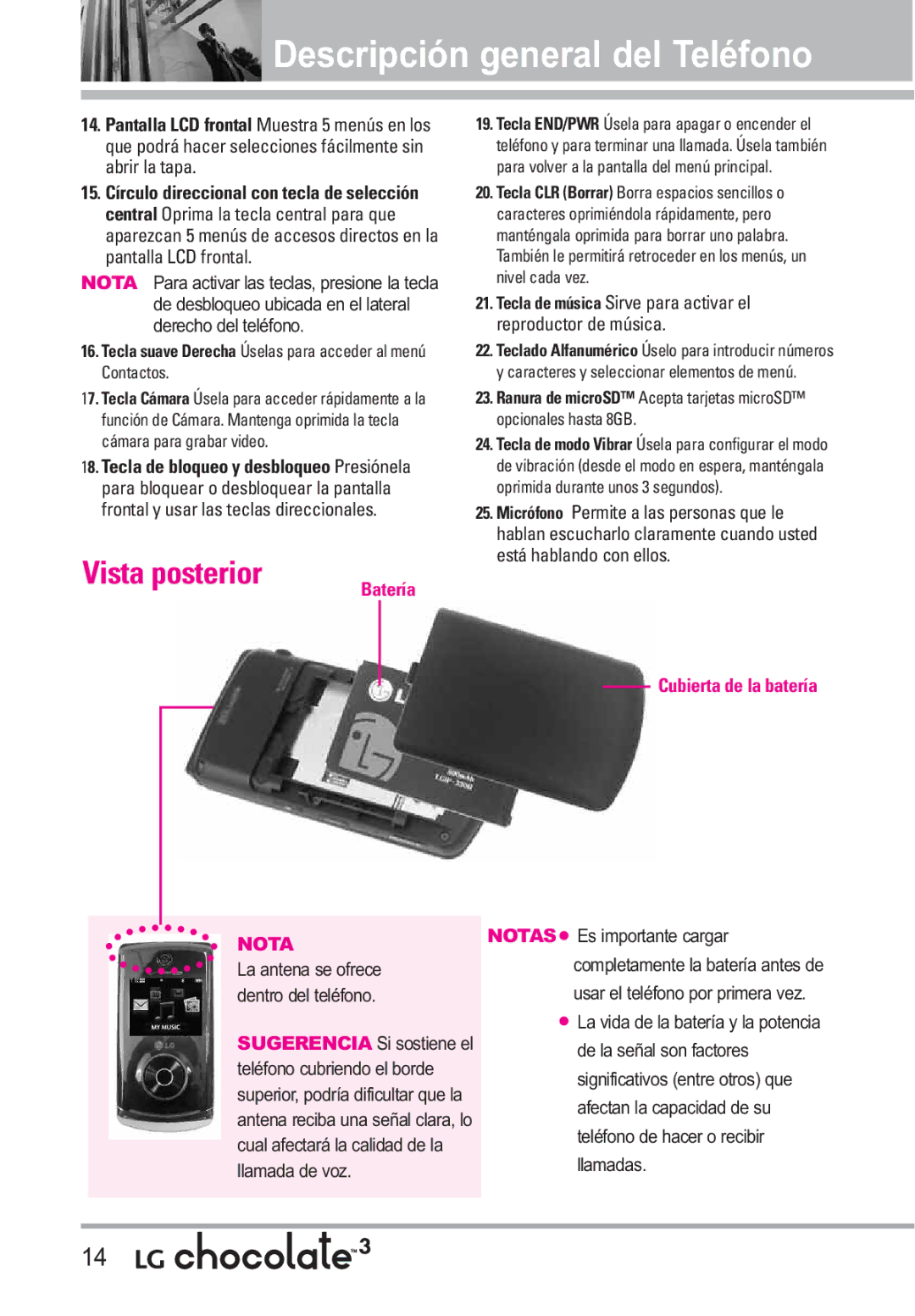 LG Electronics 3 manual Vista posterior, Tecla suave Derecha Úselas para acceder al menú Contactos 