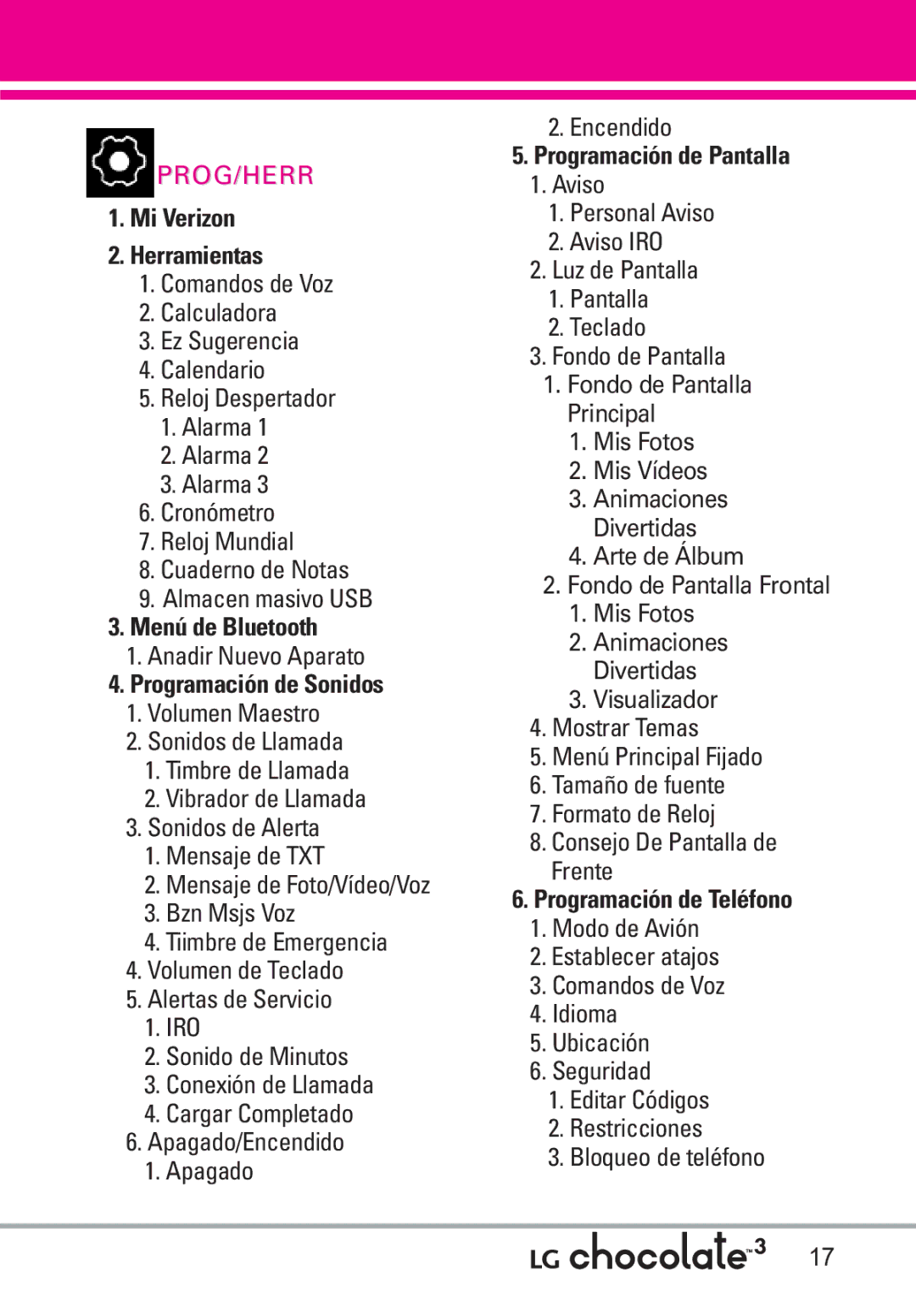 LG Electronics 3 manual Mi Verizon Herramientas, Menú de Bluetooth, Programación de Sonidos, Programación de Pantalla 