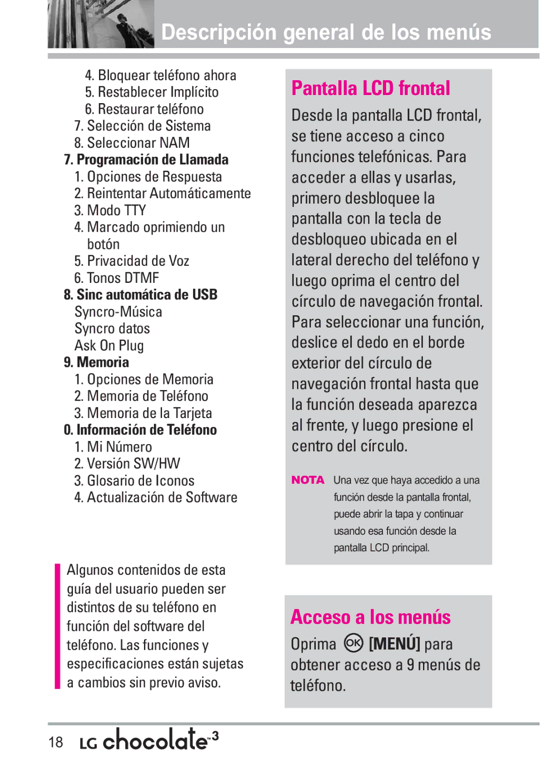 LG Electronics 3 manual Programación de Llamada, Sinc automática de USB Syncro-Música Syncro datos, Ask On Plug, Memoria 