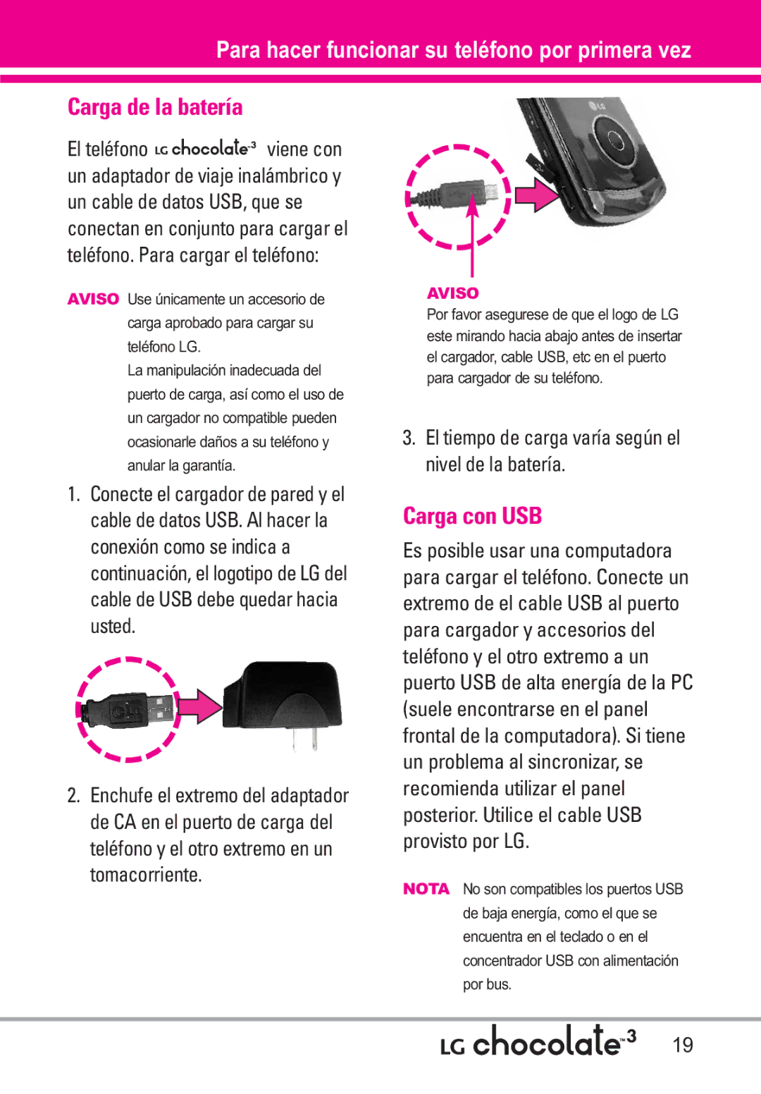 LG Electronics 3 manual Carga de la batería, Carga con USB, El tiempo de carga varía según el nivel de la batería 