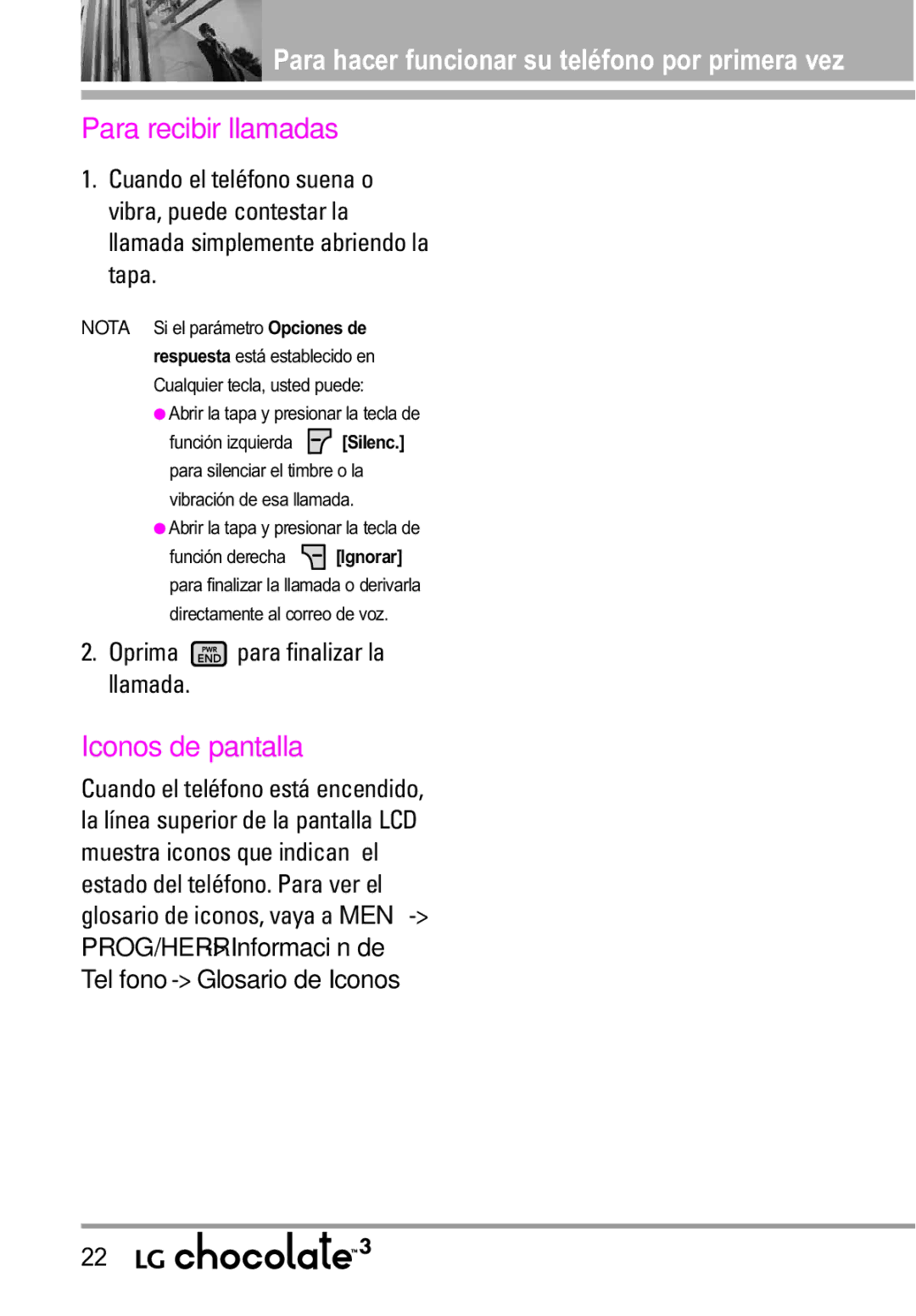 LG Electronics 3 Para recibir llamadas, Iconos de pantalla, Oprima para finalizar la llamada, Teléfono -Glosario de Iconos 