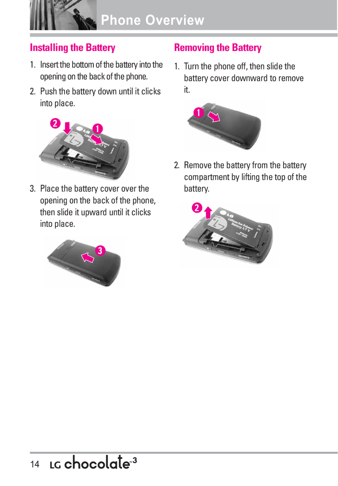 LG Electronics 3 manual Installing the Battery, Removing the Battery, Push the battery down until it clicks into place 