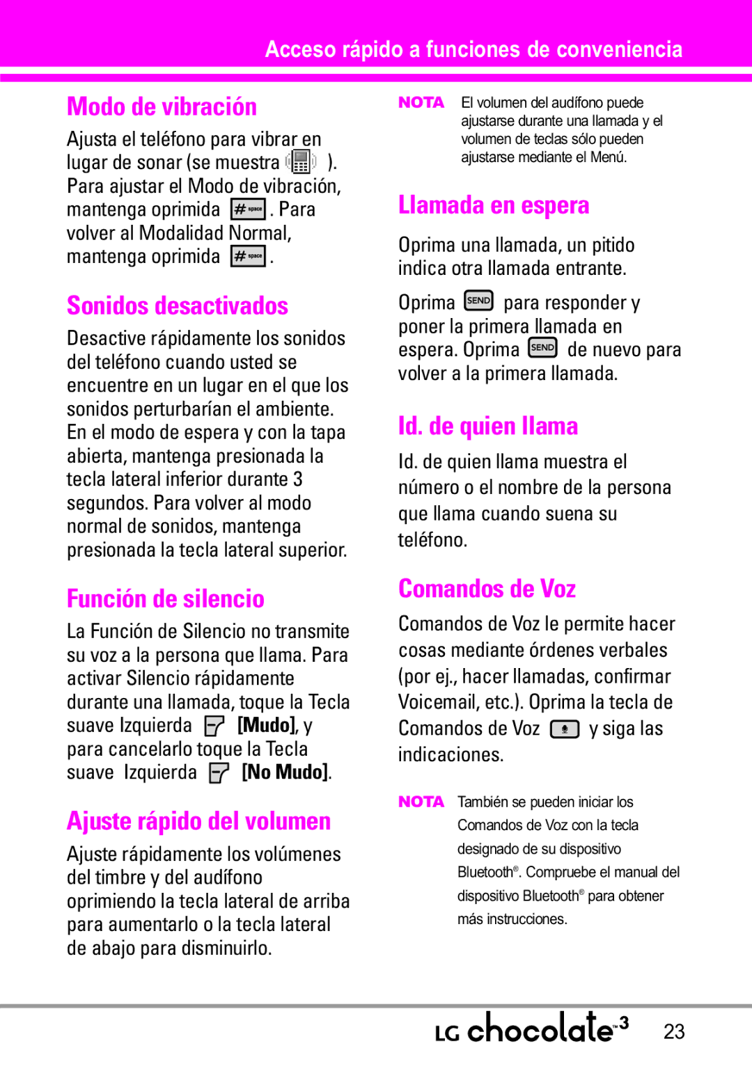 LG Electronics 3 manual Modo de vibración, Sonidos desactivados, Llamada en espera, Id. de quien llama, Función de silencio 