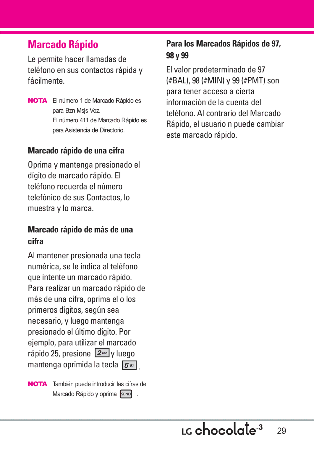 LG Electronics 3 manual Marcado Rápido, Marcado rápido de una cifra, Marcado rápido de más de una cifra 