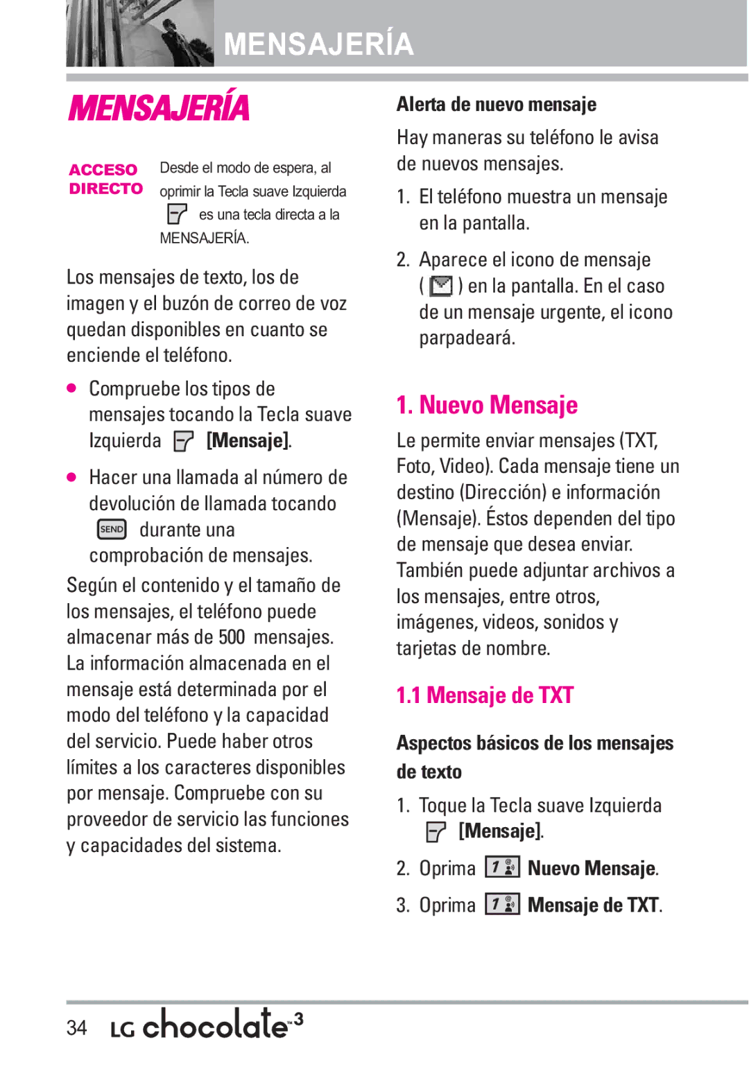 LG Electronics 3 manual Mensajería, Nuevo Mensaje, Mensaje de TXT 