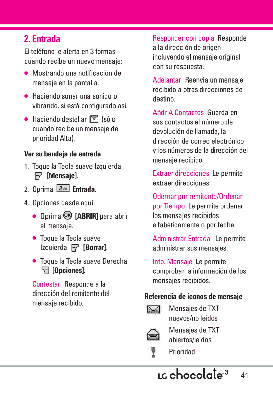 LG Electronics 3 manual Entrada, Ver su bandeja de entrada, Mensaje, Prioridad, Referencia de iconos de mensaje 